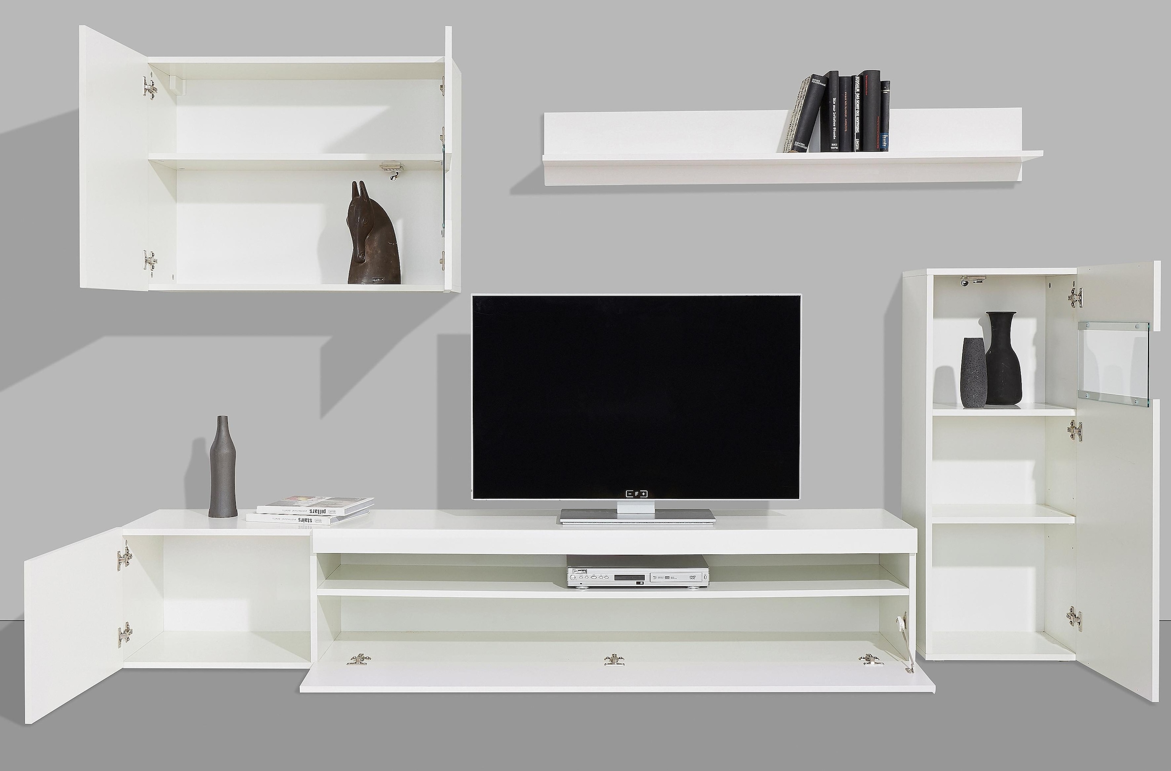 INOSIGN Wohnwand, (Set, 4 St., Set besteht aus 1 Hängevitrine, 1 Vitrine, 1 Lowboard und 1 Wandregal), weiß Korpus/ Front in Hochglanz, ohne Beleuchtung