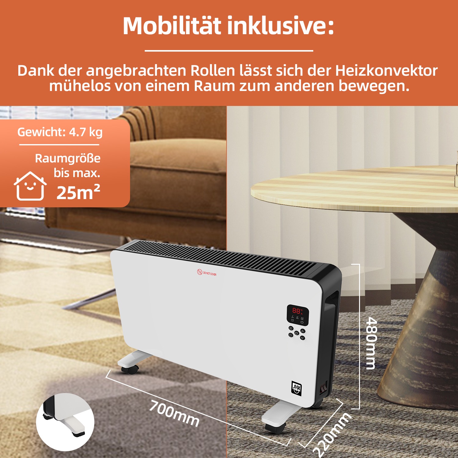 SHX Konvektor, 2000 W, Display, Timer, Rollen