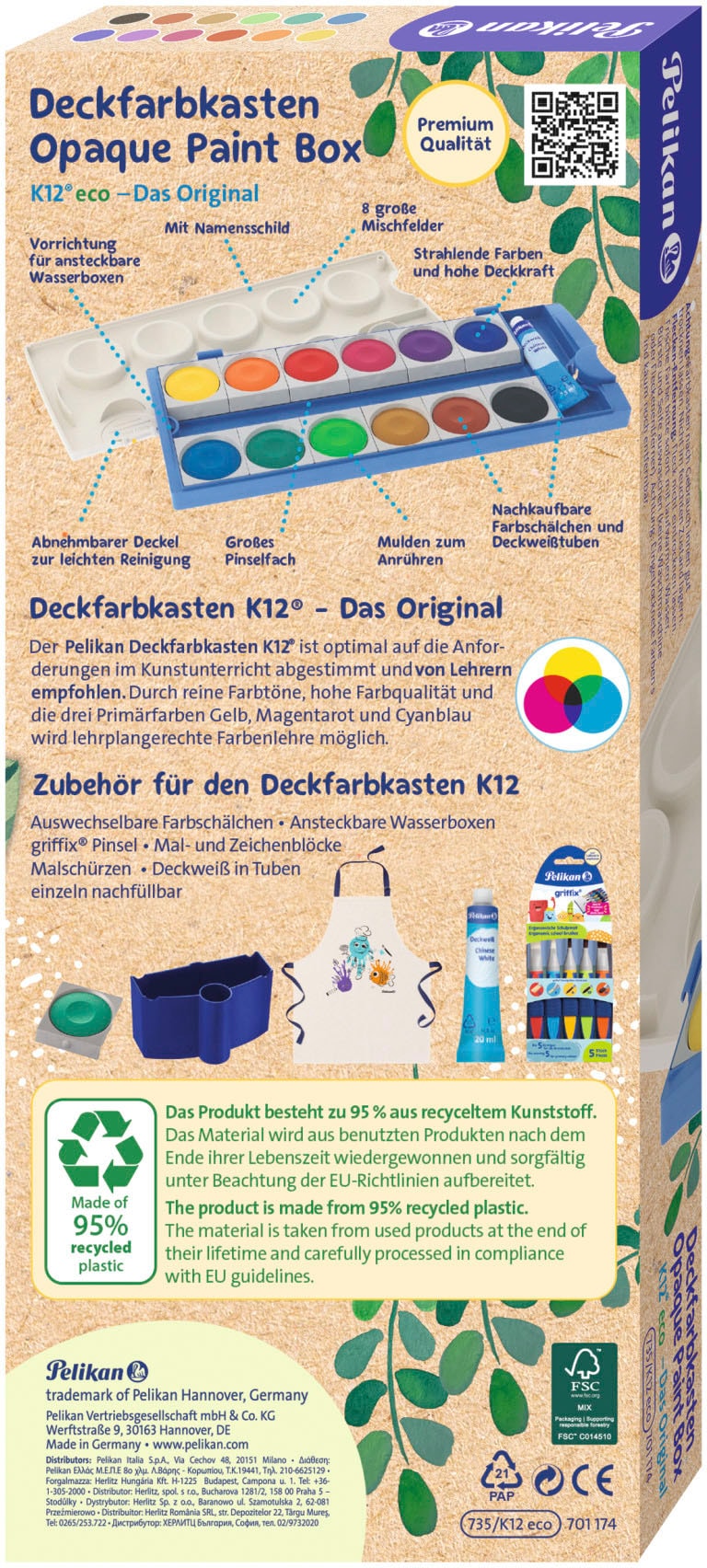 Pelikan Farbkasten »Deckfarbkasten K12® eco«, Made in Germany; enthält recyceltes Material
