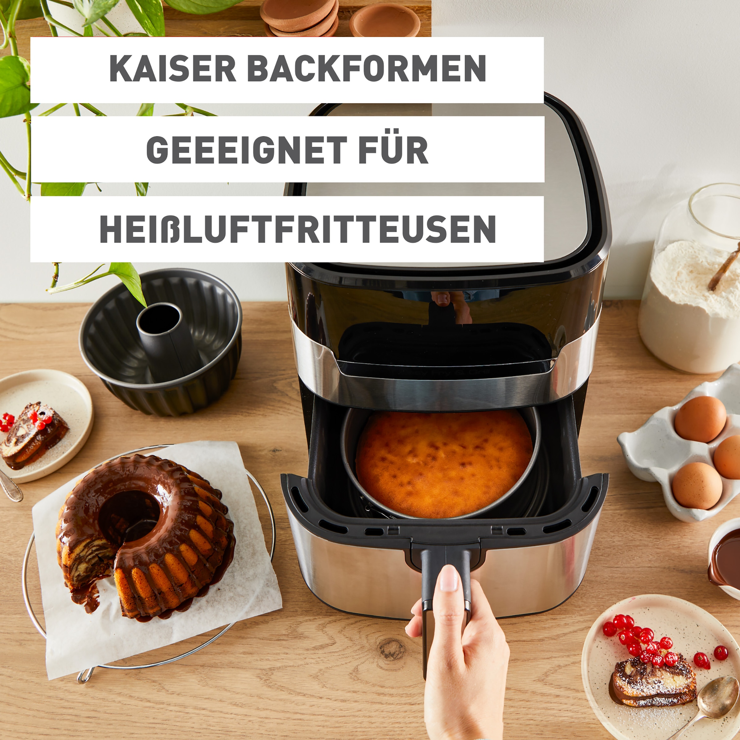 Kaiser Backformen Springform »Inspiration«, (3 St.), Flachboden, Rohrboden, für Torten/Rührkuchen/Gugelhupf, Stahl