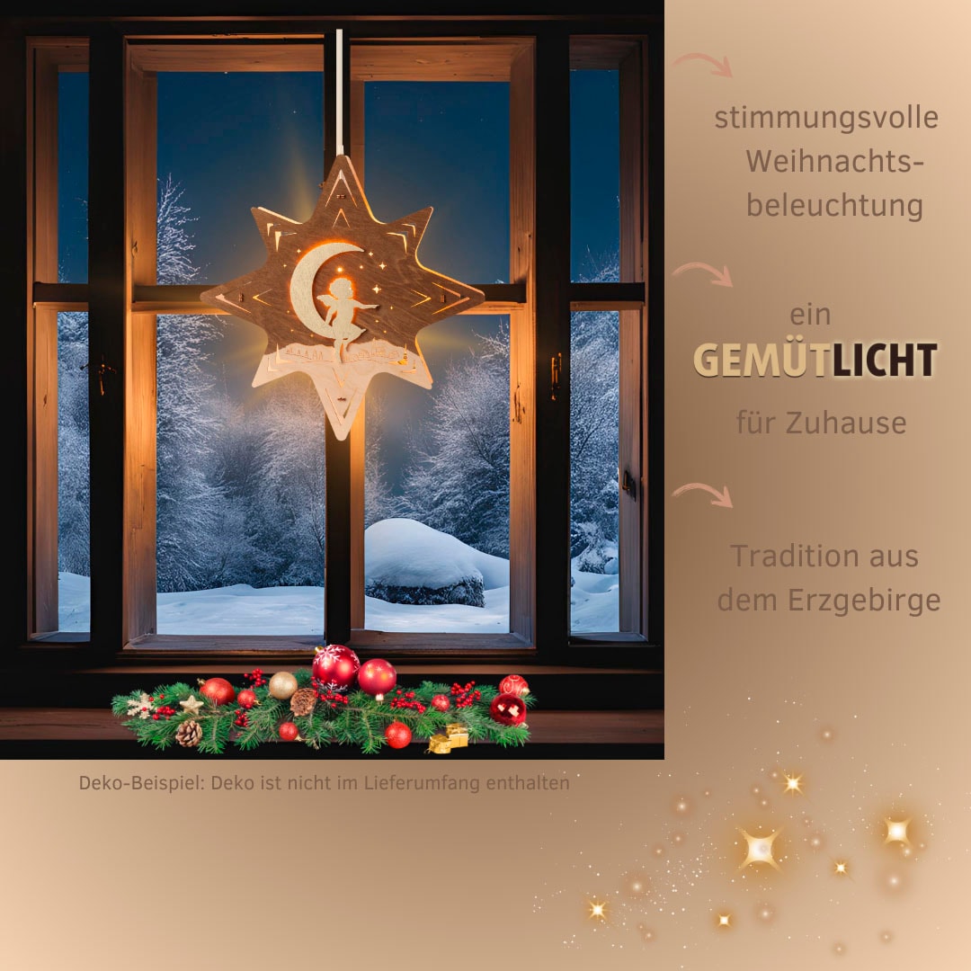 Weigla Dekostern »Engel auf Mond, beleuchtetes Fensterbild, NATUR-BRAUN-GOLD«, (1 St.), Erzgebirge garantiert, Weihnachtsdeko Innen, Weihnachtsbeleuchtung