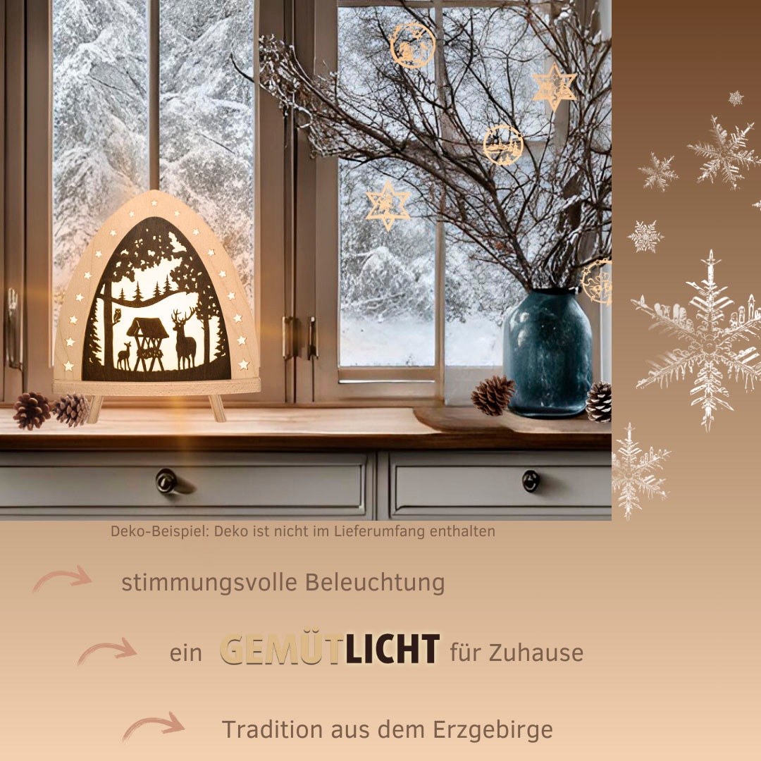 Weigla Lichterbogen »LED Hirsch, Dekolampe aus Holz, Winterdeko & Herbstdeko NATUR-BRAUN«, Erzgebirge garantiert, Weihnachtsdeko Innen, Weihnachtsbeleuchtung