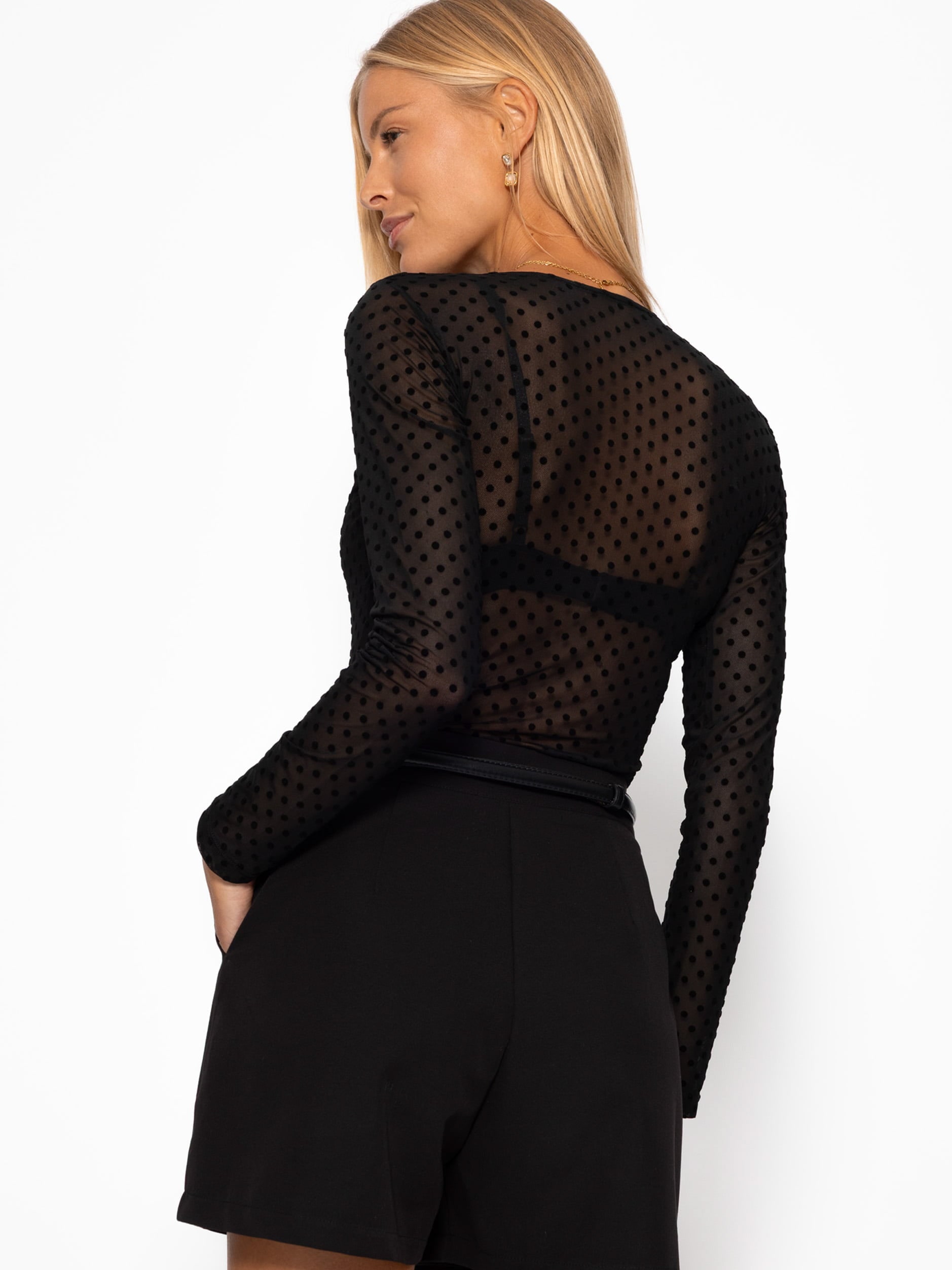 SASSYCLASSY Langarmbody »Transparenter Langarmbody mit Pünktchenmuster« Eleganter Body mit V-Ausschnitt aus Mesh-Material Schwarz