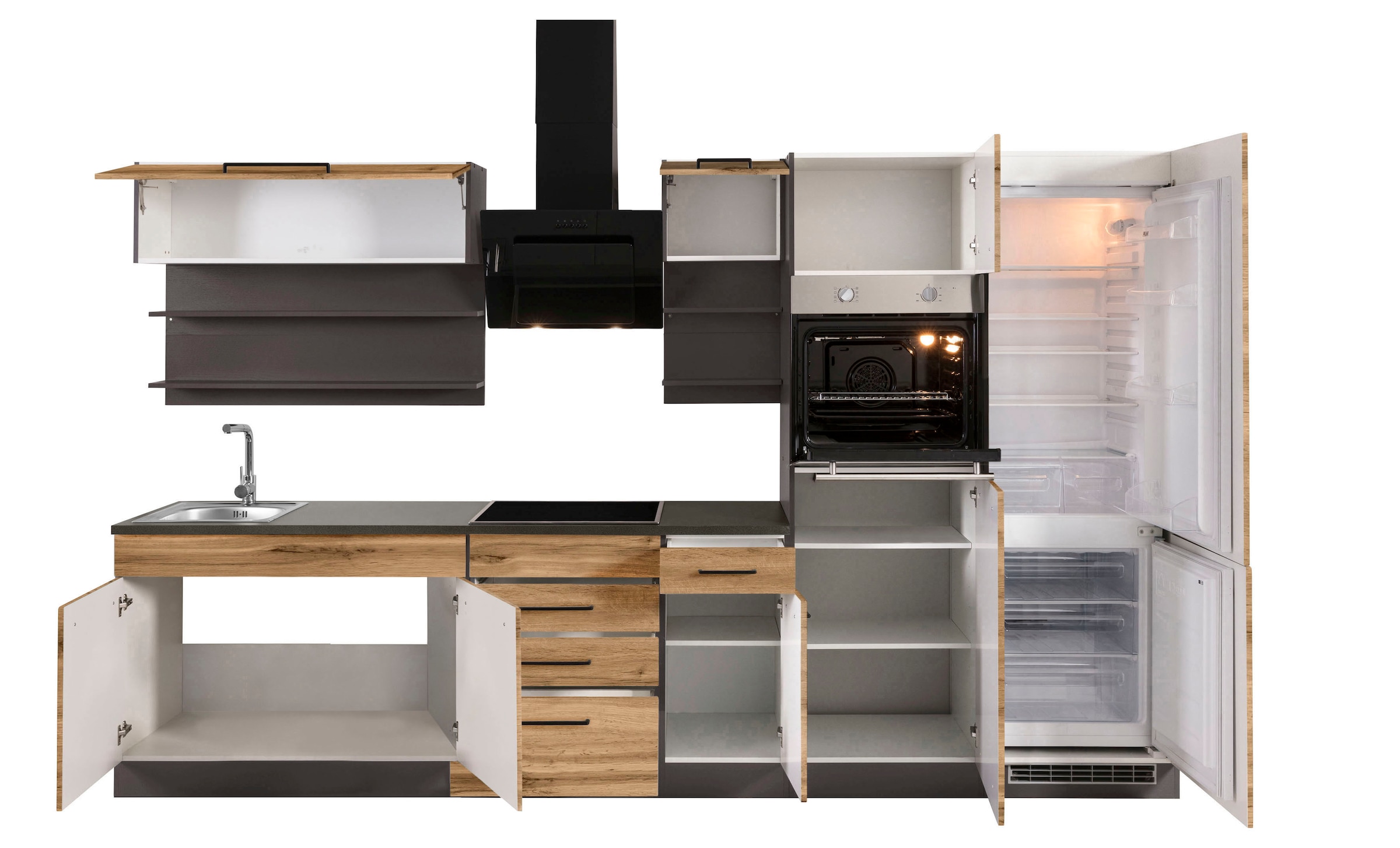 KOCHSTATION Küchenzeile »KS-Tulsa« ohne E-Geräte, Breite 330 cm, schwarze Metallgriffe, MDF Fronten