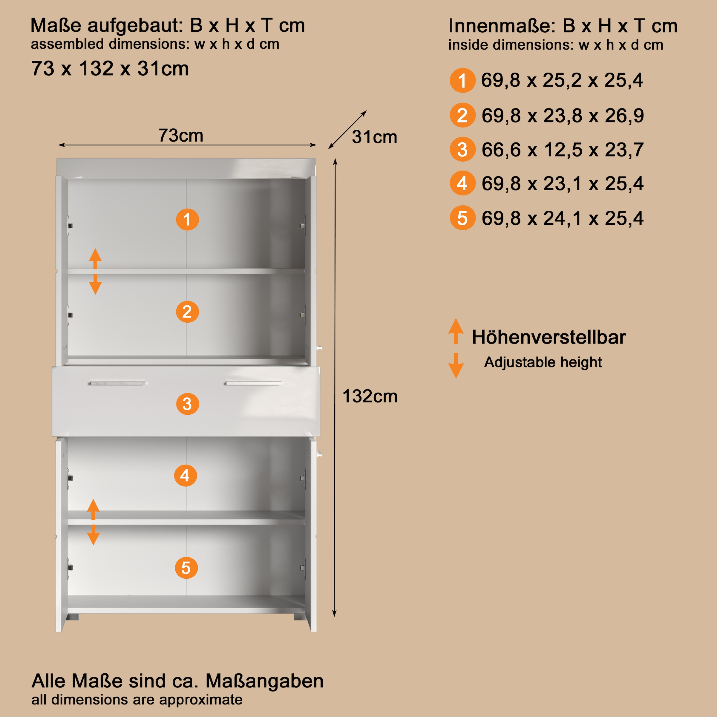 welltime Midischrank »Avena« Standschrank mit 4 Türen, 1 Schublade - (B/T/H) 73/31/130 cm