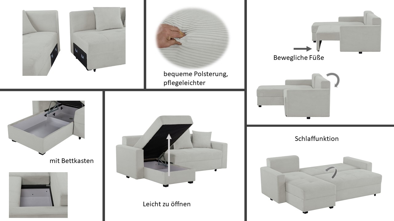 INOSIGN Ecksofa »KILLAM, 217 cm, L-Form, mit Schlaffunktion u. Bettkasten«, Recamiere rechts / links montierbar, in Cord und Webstoff