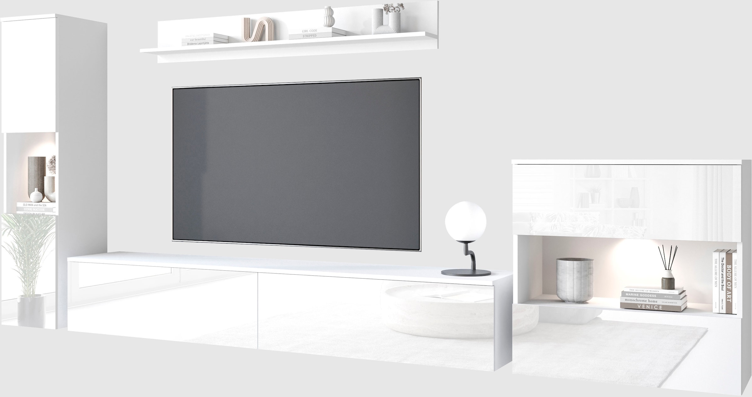 INOSIGN Wohnwand »PARIS, Vitrine Türanschlag links/rechts wechselbar«, (Komplett-Set, 4 St.), grifflose Design, stehend und hängend montierbar