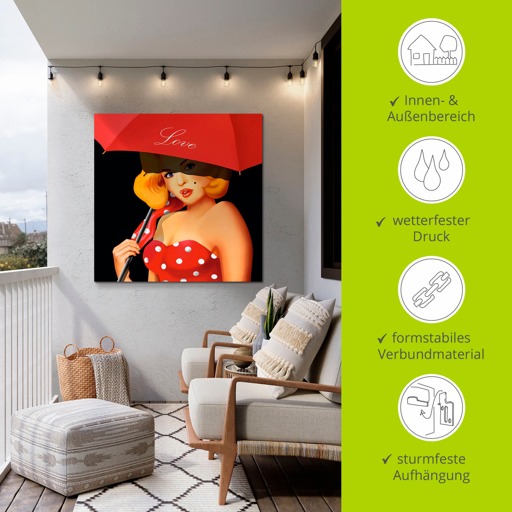 Artland Wandbild »Pin-Up Girl unter rotem Regenschirm« Frau 1 Stk. tlg. als Alubild, Leinwandbild in verschied. Größen