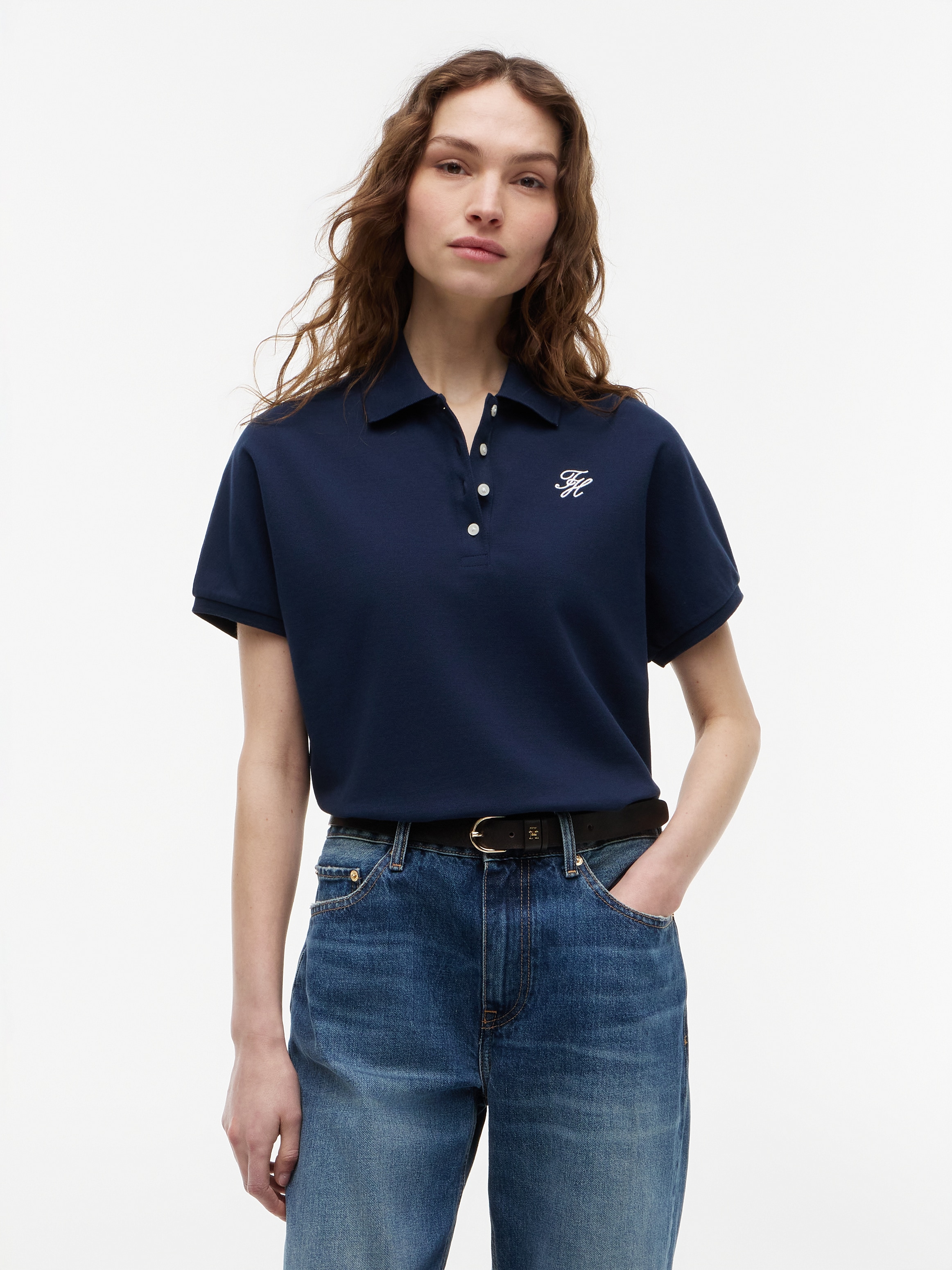 Tommy Hilfiger Poloshirt »TH SCRIPT MODERN SS POLO« Baumwollmischung, Polokragen, kurze Knopfleiste
