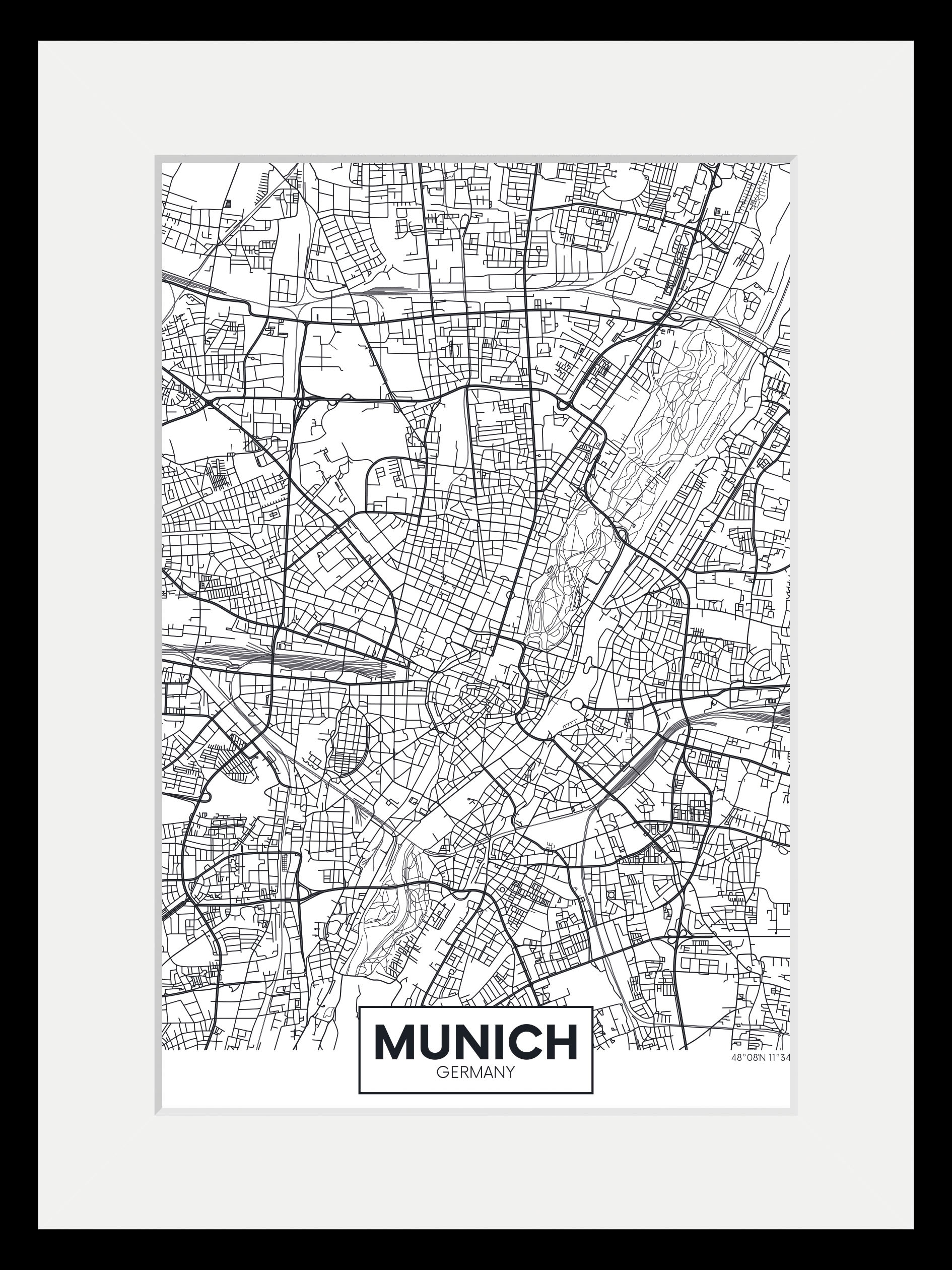 queence Bild »Munich Stadtkarte«, Städte-Schriftzug-Deutschland-Stadt-München-Schwarz-Weiß, (1 St.), HD Premium Poster-Druck inkl. Holzrahmen