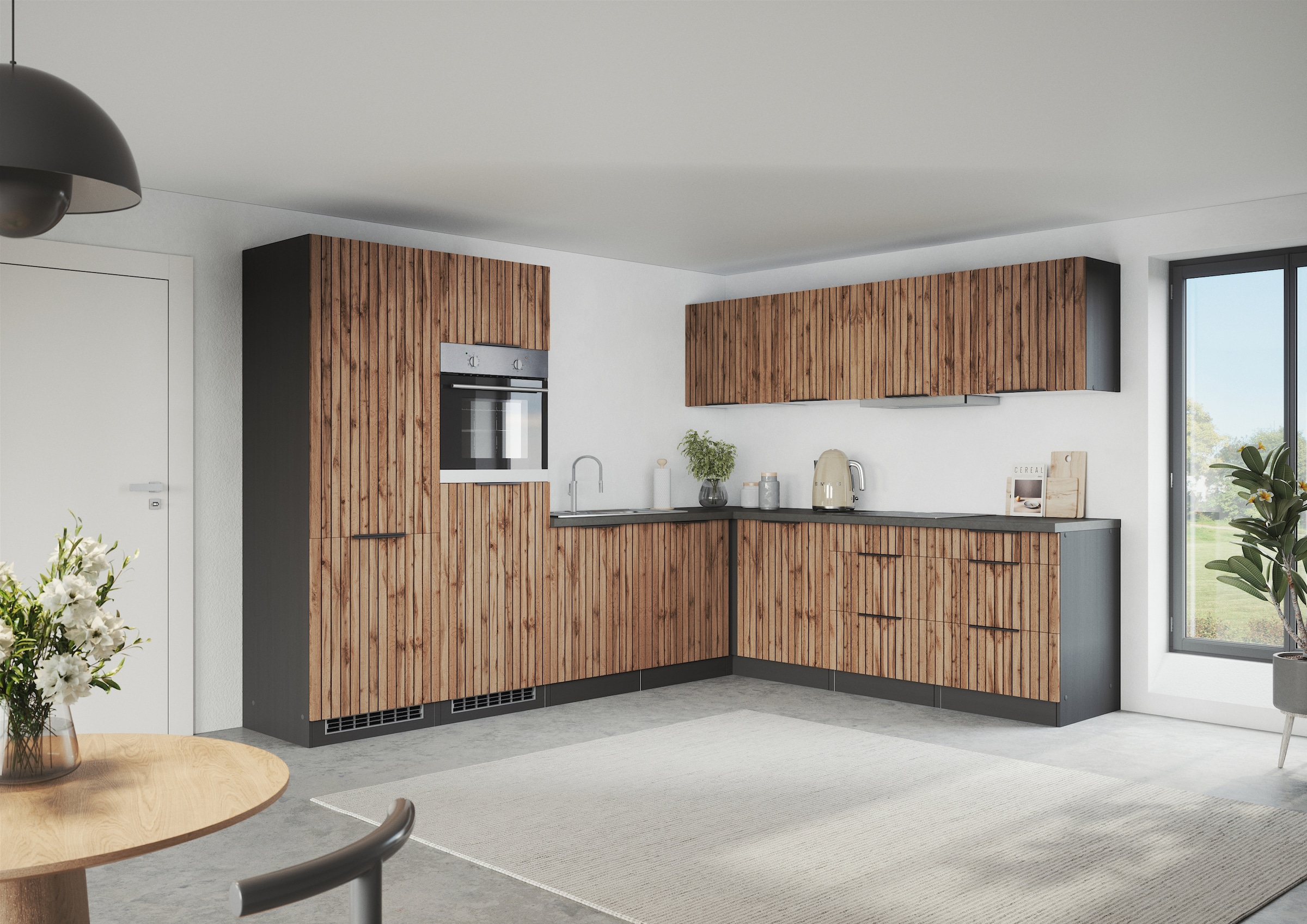 KOCHSTATION Winkelküche »KS-Lagos, Stellbreite 300/240 cm« wahlweise mit E-Geräten, Spüle edelstahl oder schwarz