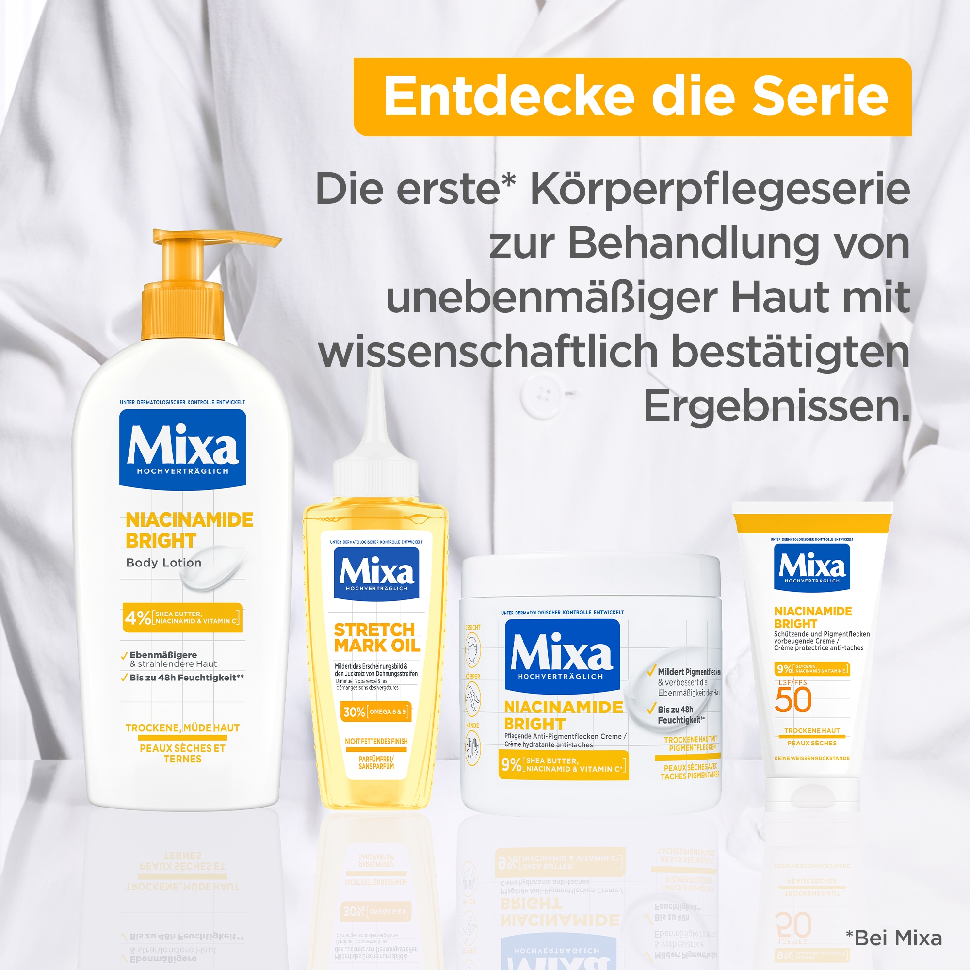 Mixa Körpermilch »Mixa Niacinamide Bright Creme«, Mildert sonnenbedingte Pigmentflecken, versorgt trockene Haut.