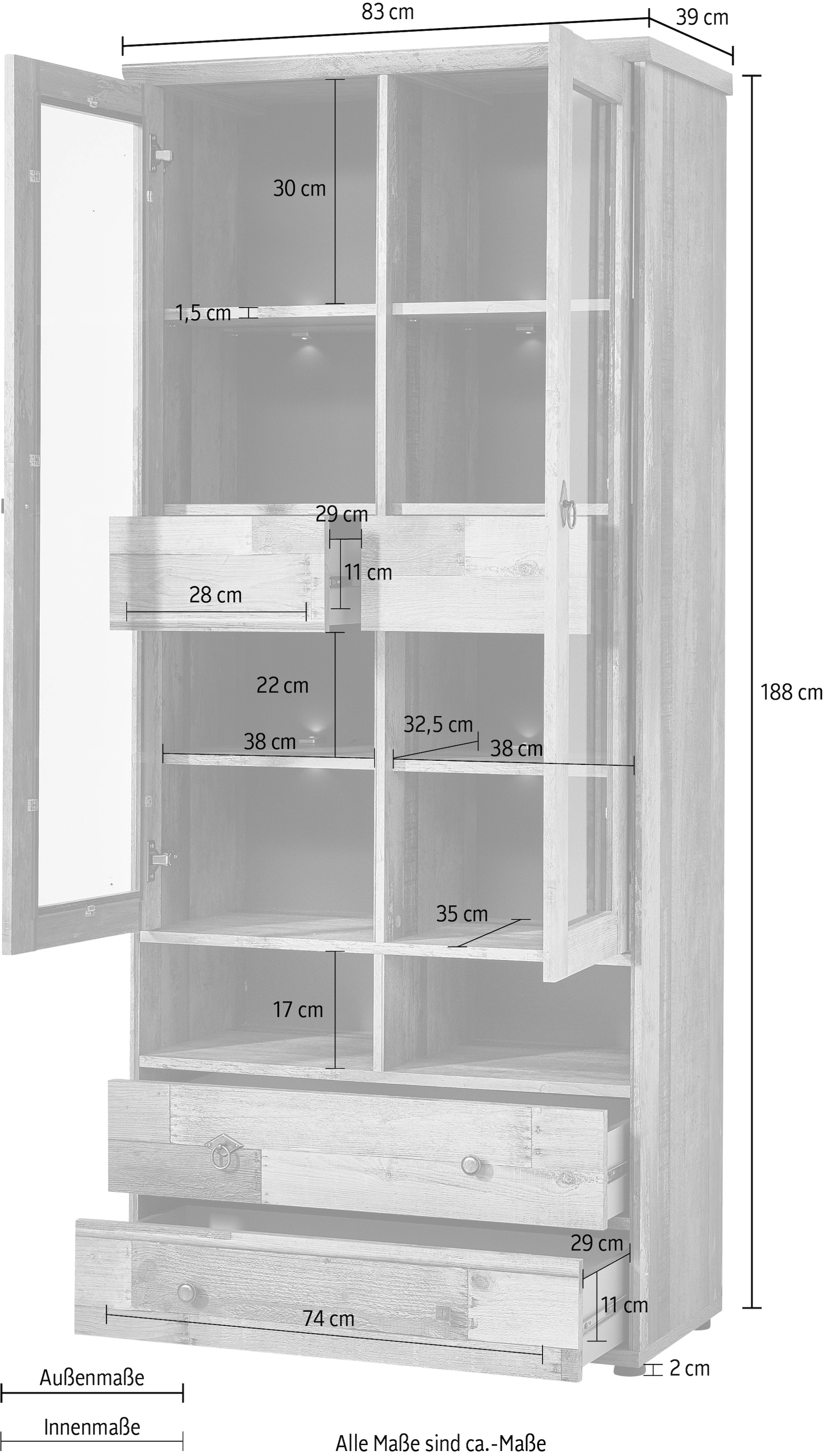 Innostyle Glasvitrine »BONANZA«, (1 St.), Glastüren, 10 Fächer, 4 Schübe, Softclose, ABS Kantenschutz