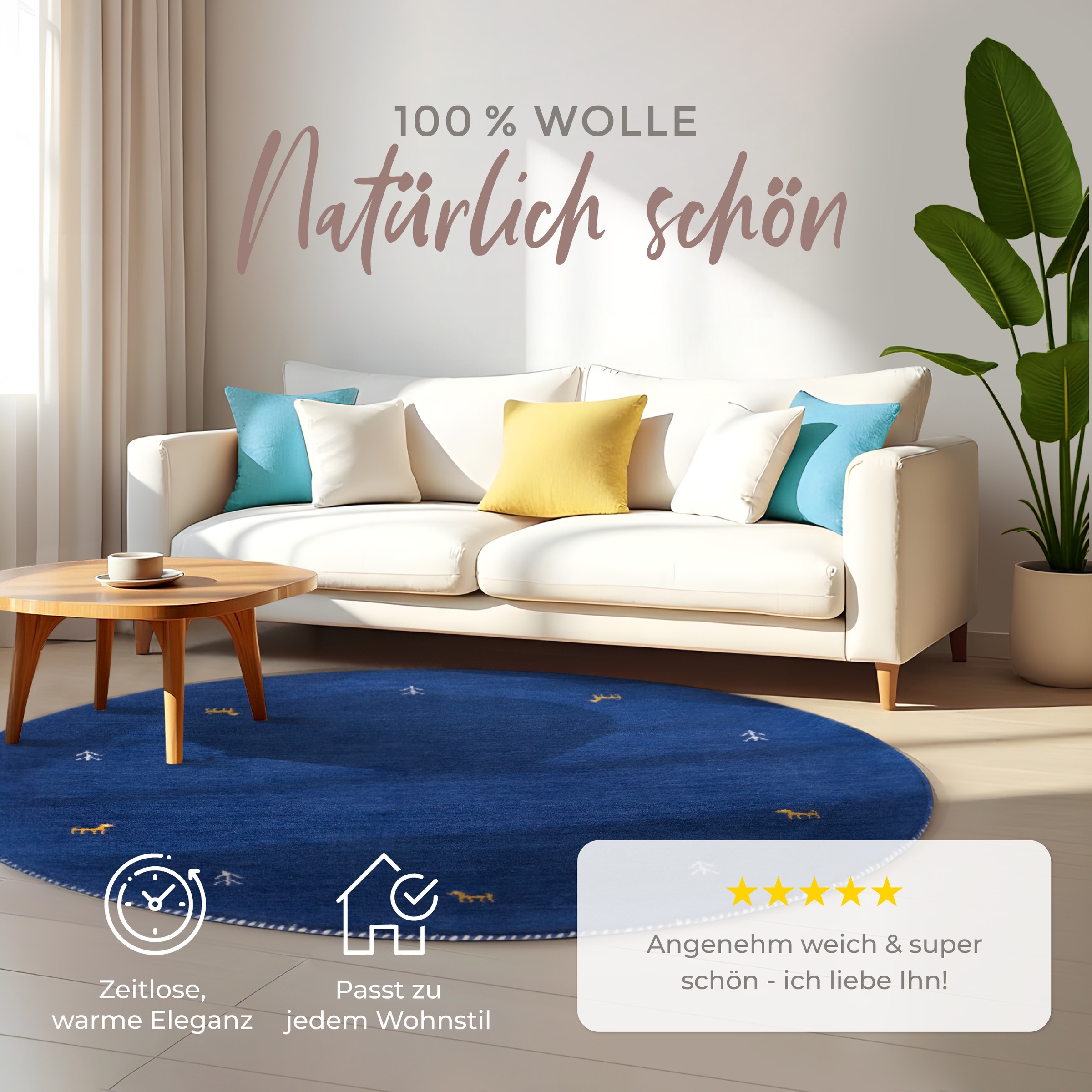 carpetfine Wollteppich »Gabbeh Uni« rund 15 mm Höhe reine Wolle handgewebt, Gabbeh Tiermotiv warmes Raumklima viele Größen