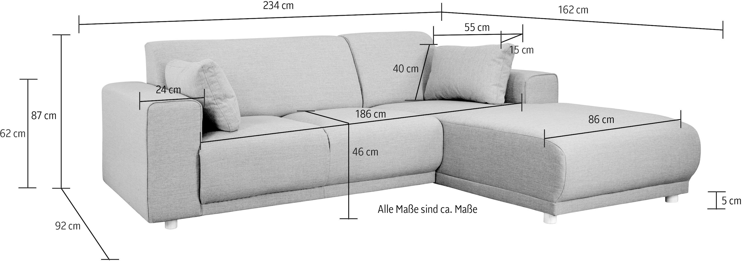 Home affaire Ecksofa »Bornholm incl. 2 Kissen, Stellmaße 234x162 cm L-Form«, Recamiere wahlweise links oder rechts bestellbar