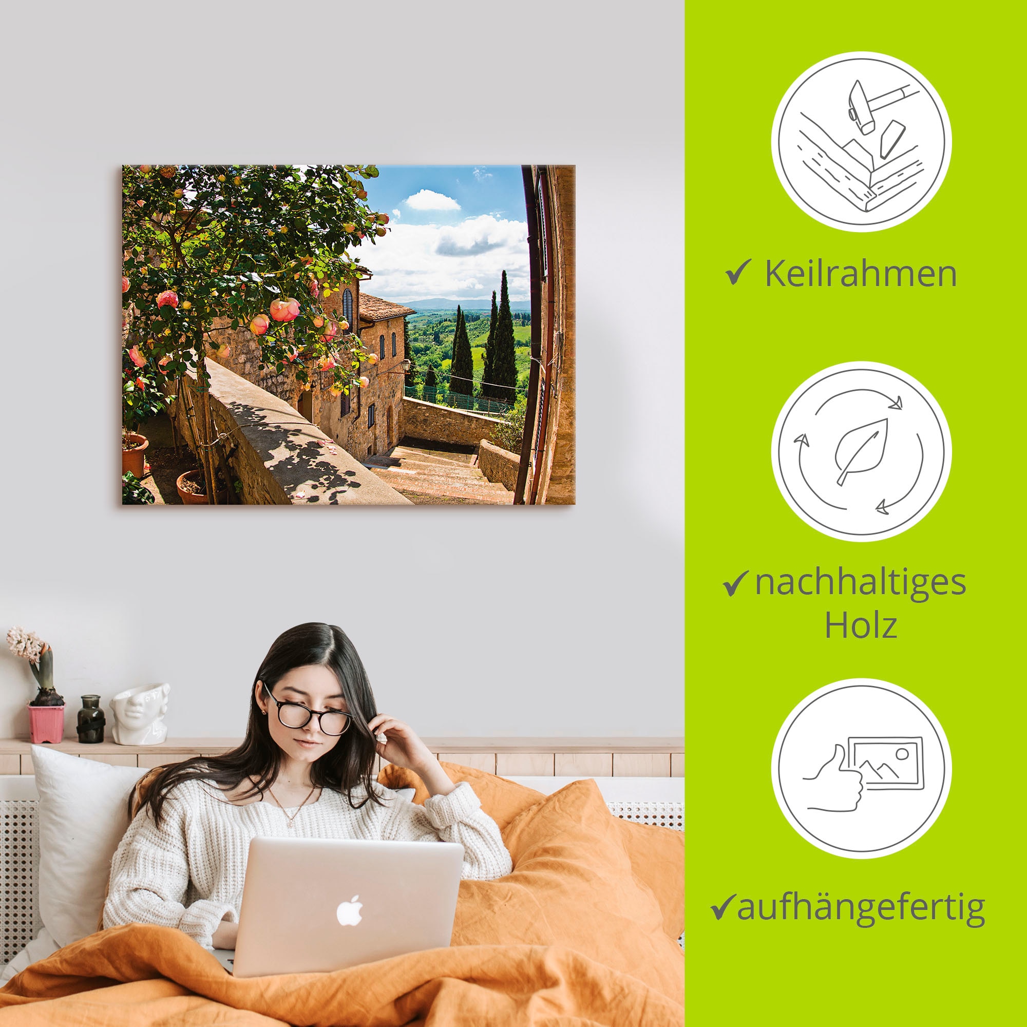 Artland Wandbild »Rosen auf Balkon Toskanalandschaft«, Garten, (1 St.), als Alubild, Outdoorbild, Leinwandbild, Poster, Wandaufkleber