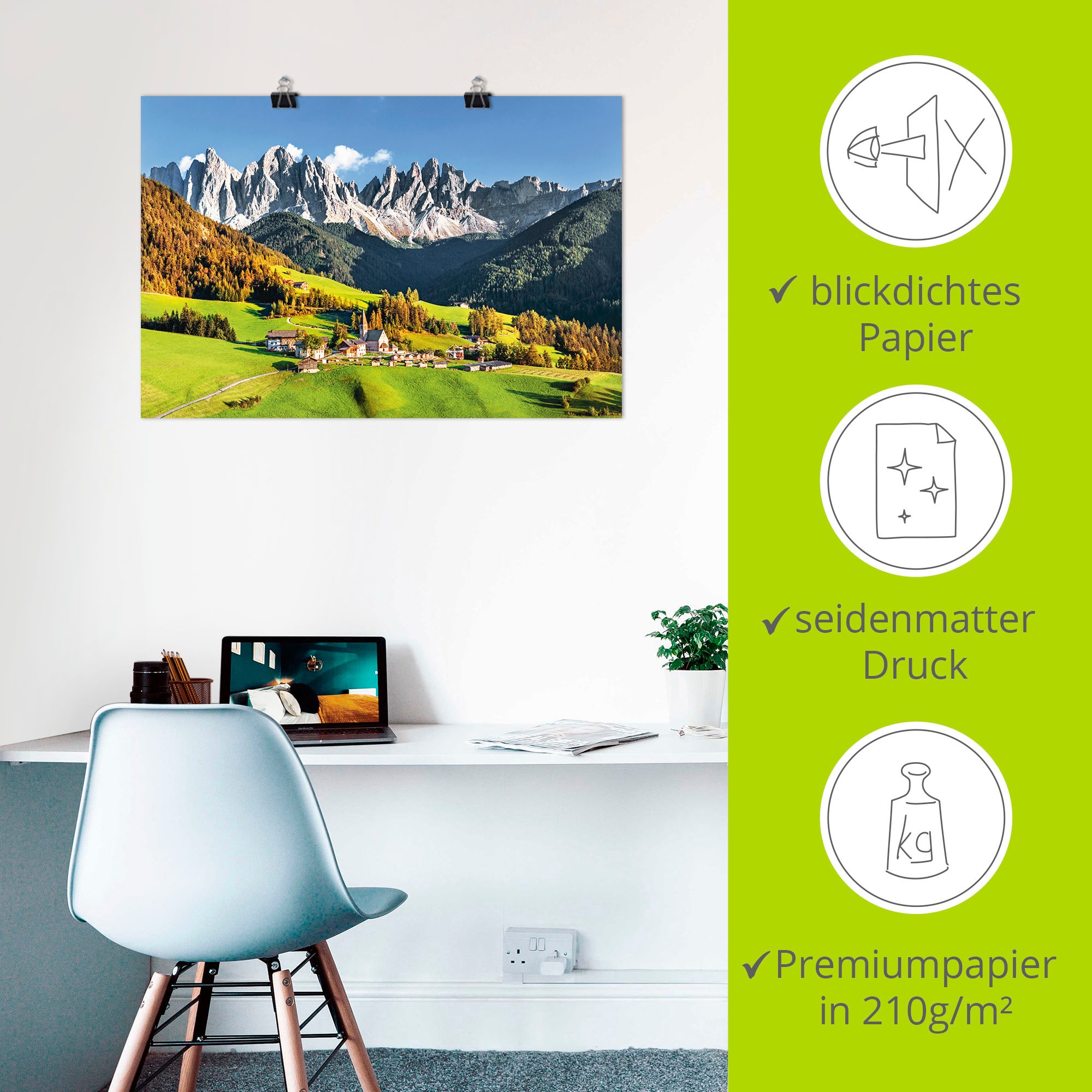 Artland Wandbild »Alpen Berge Santa Maddalena«, Berge & Alpenbilder, (1 St.), als Alubild, Outdoorbild, Leinwandbild, Poster in verschied. Größen