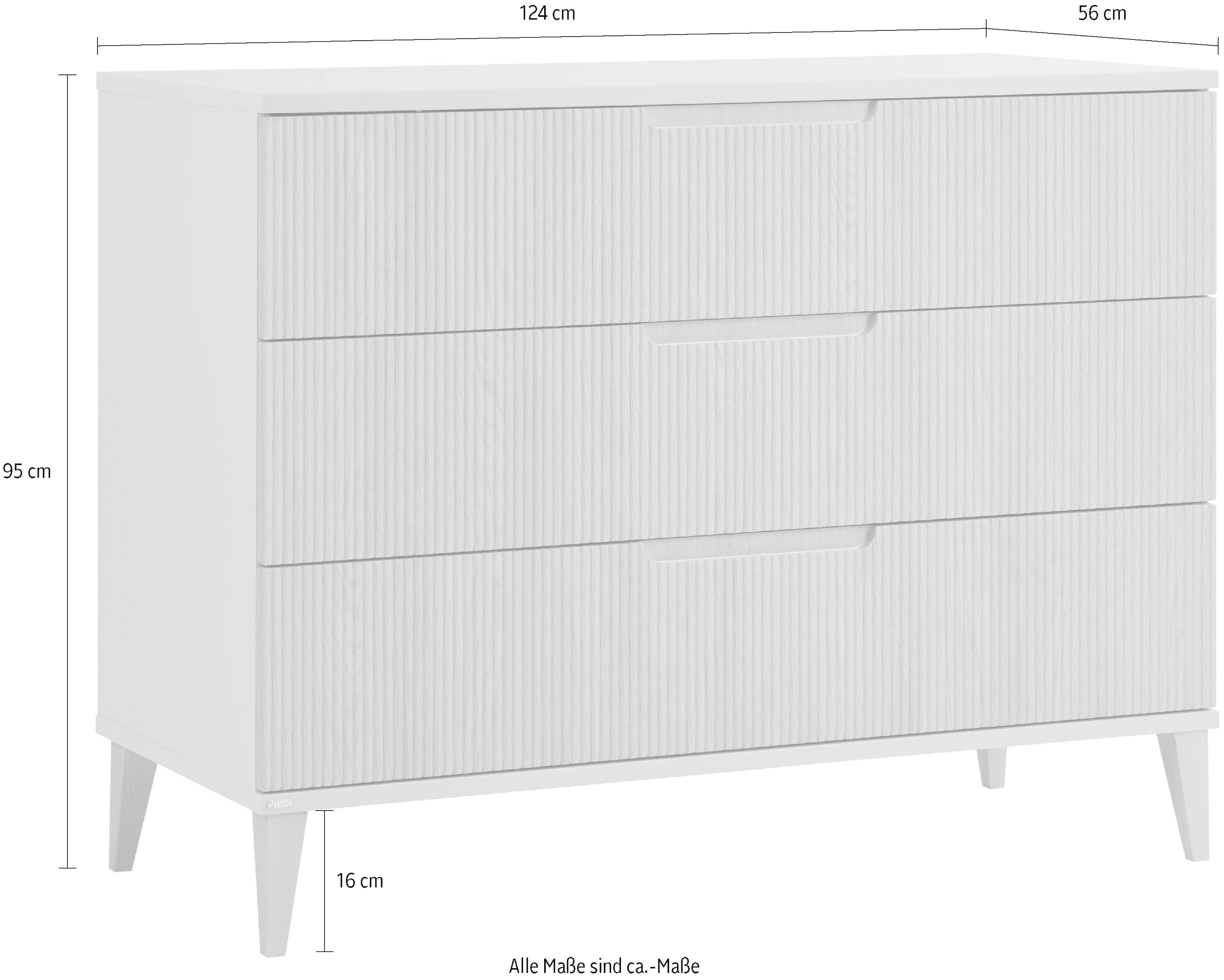 PAIDI Wickelkommode »JONTE in Beige & Eichefarben, 3 Schubladen mit Soft-Close, Vollauszug« bis 50 kg Kommode 124 cm Breite, Wickeltisch mit Massivholz-Füßen 124 cm