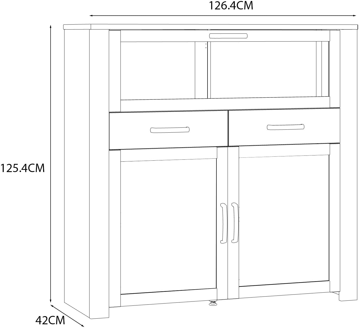 FORTE Highboard »Bohol, kleines Highboard, Klappe mit Glas, 2SK, 2Türen« B/H/T 126,4/125,4/42 cm Beleuchtung optional bestellbar
