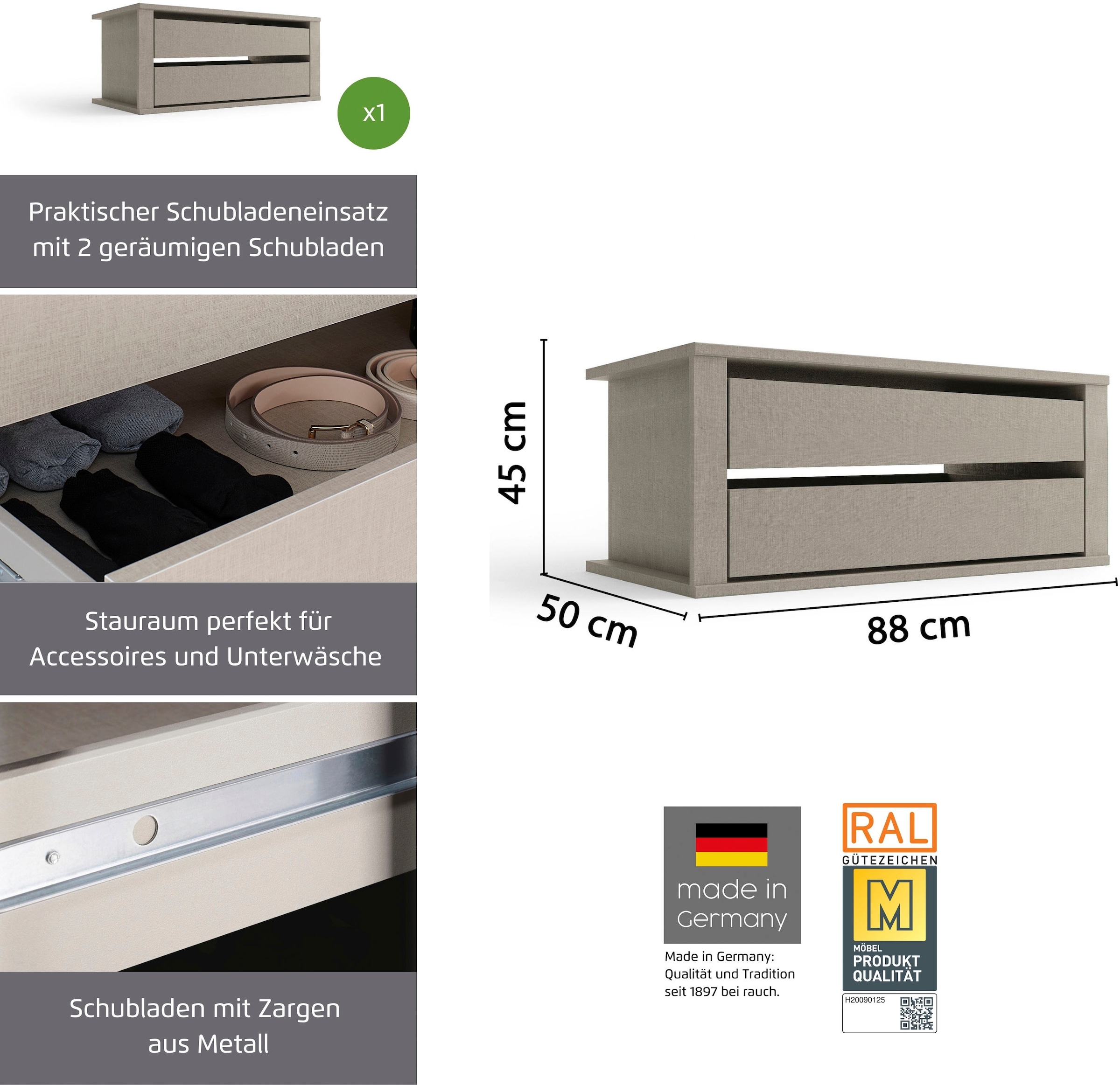 rauch Schubladeneinsatz »Schubladeneinsatz Zubehör Rauch-Kleiderschränke ORANGE« mit Selbsteinzug und Dämpfung,  mit 2 Schubladen und Metallauszügen, Breite 88 cm, Tiefe 50 cm