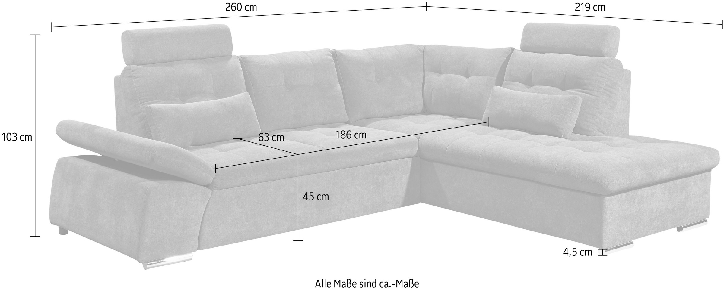 ED EXCITING DESIGN Ecksofa »Nalo L-Form«, mit Bettfunktion, Armteilverstellung, Kopfstützen & 2 Nierenkissen