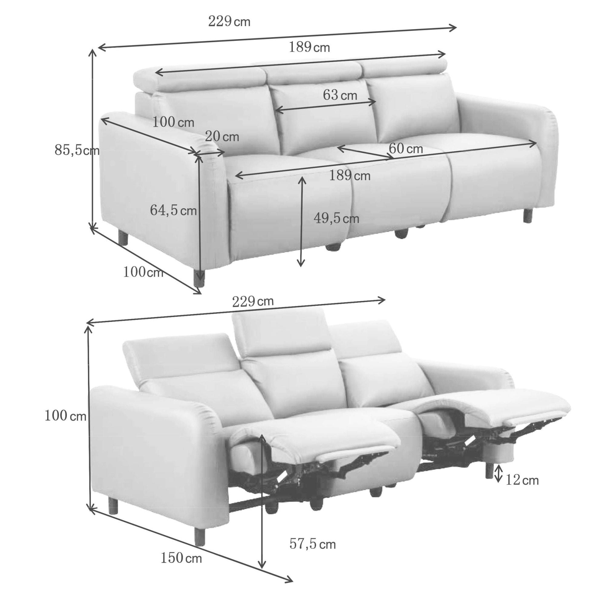 Home affaire 3-Sitzer »SKAANE Kunstleder, 229 cm, manuelle-u. elektrische Relaxfunktion«, Relax-Funktion in 2 Sitzen, Kopfteilverstellung, Federkernpolsterung