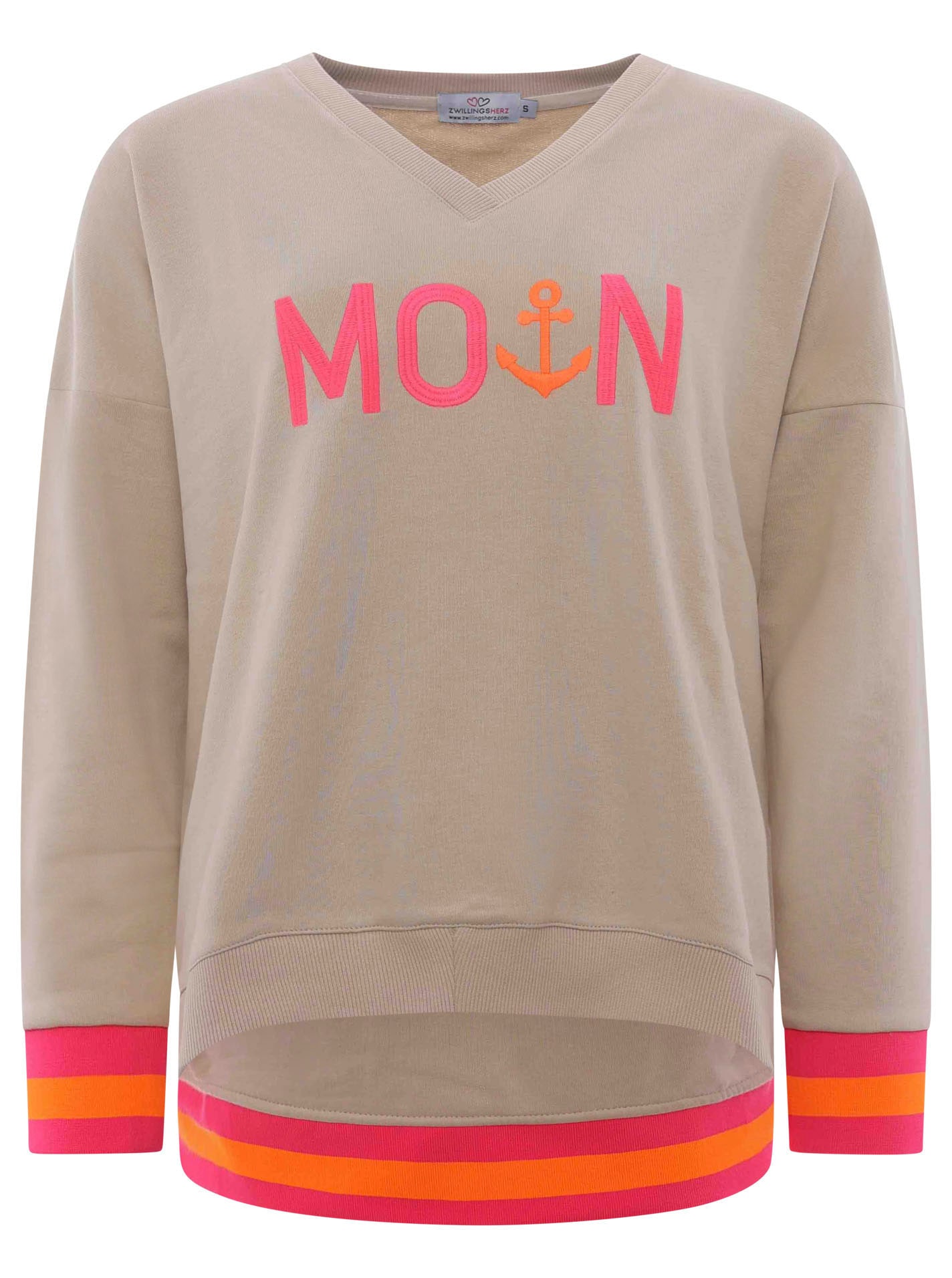 Zwillingsherz Sweatshirt, mit V-Ausschnitt und aufgesticktem "Moin" in Neonfarben