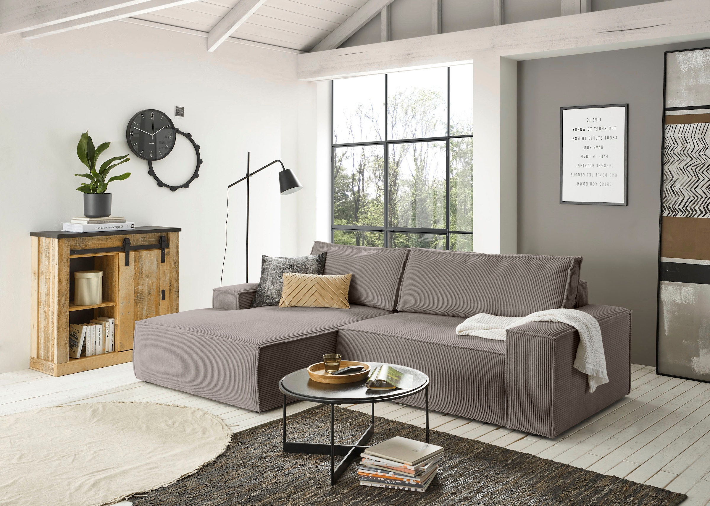 Home affaire Ecksofa »SHERWOOD Schlafsofa 267 cm, L-Form,«, Schlaffunktion mit Bettkasten (210x136 cm), Cord, Vintage, Samtvelours