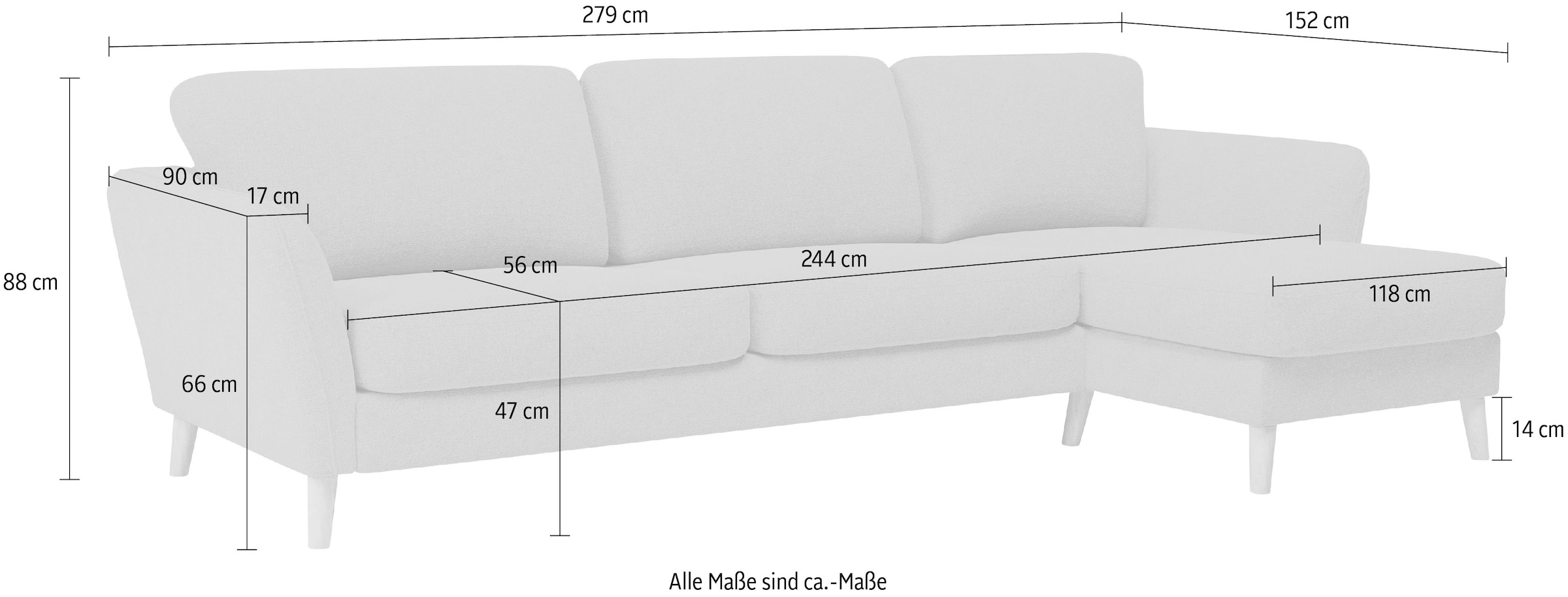 Home affaire Ecksofa »MARSEILLE (279/152cm),L-Form, Rec. rechts/links, verschiedene Bezüge«, Massivholzbeine Eiche, Landhausstil, Wellenunterfederung