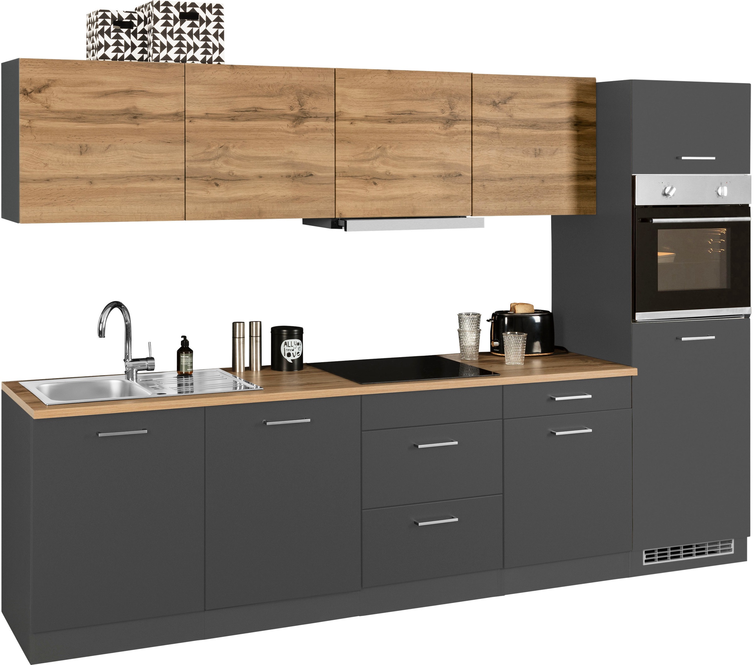 KOCHSTATION Küchenzeile »KS-Kehl«, mit E-Geräten, Breite 300 cm, inkl. Kühlschrank
