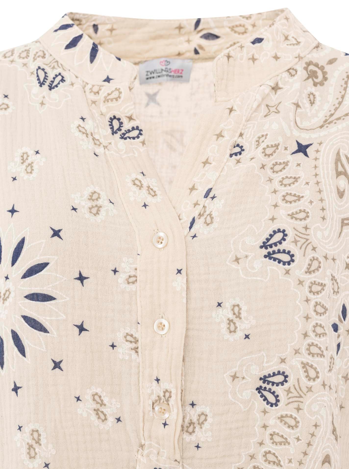 Zwillingsherz Kurzarmbluse »"Paisley Dreams"« Musselin, Paisley Muster, umgeschlagene Ärmel, V-Neck mit Knopfleiste