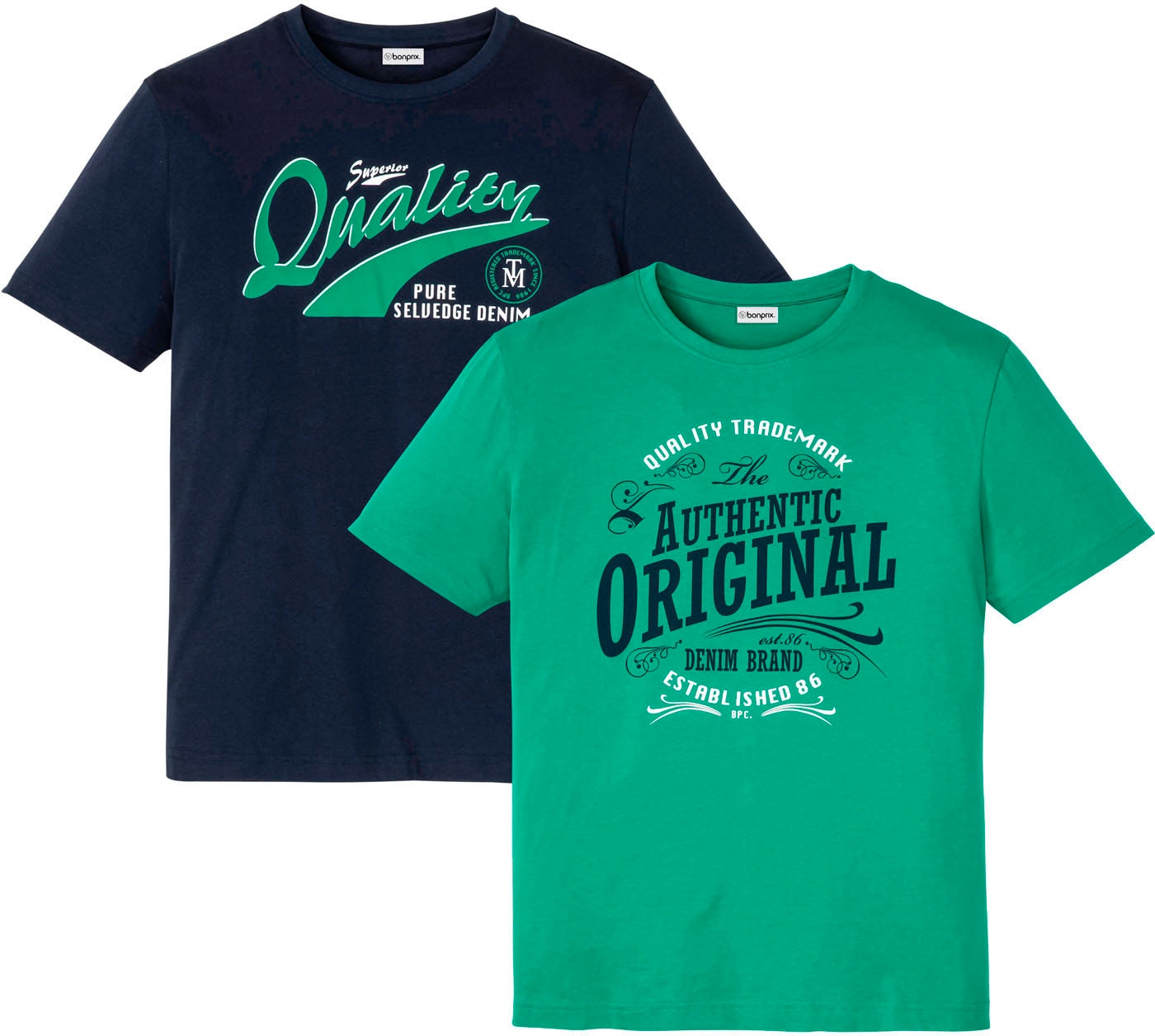 bonprix T-Shirt Packung, 2 Stk. Regular Fit, Kurzarm-Design, aus Baumwolle, mit Frontdruck