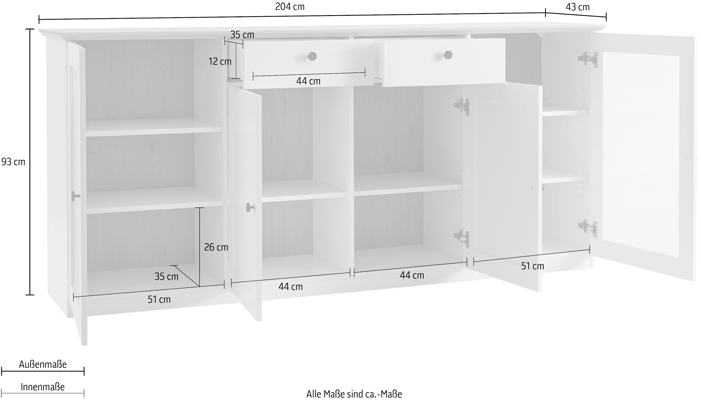 OTTO home Sideboard »Brest, Schrank im Landhausstil, Kommode, zeitloses Stauraumelement« schwarze Metallgriffe, ausreichend Stauraum, Glastüren, 204 cm breit