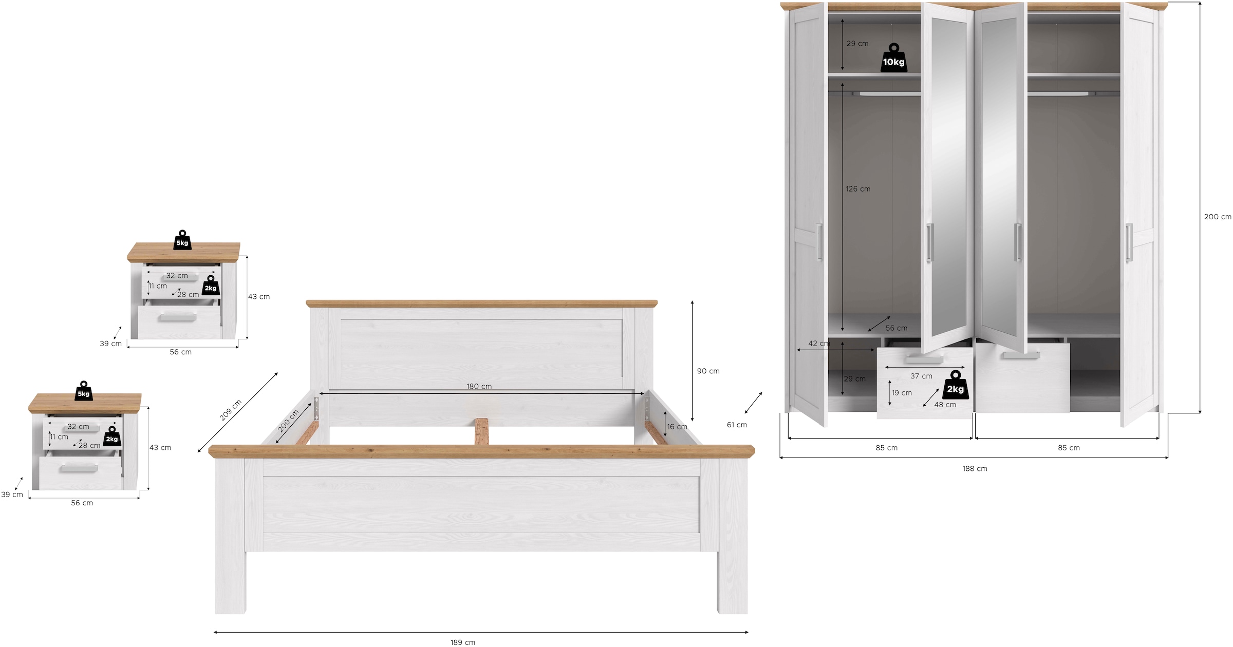 Home affaire Schlafzimmer-Set »COSENZA, TOPSELLER!, 4-tlg., Kleiderschrank, Bettgestell & Nachttische« Matratzengröße 180x200 cm, viel Stauraum, ohne Lattenrost & Matratze, 4 tlg. tlg.