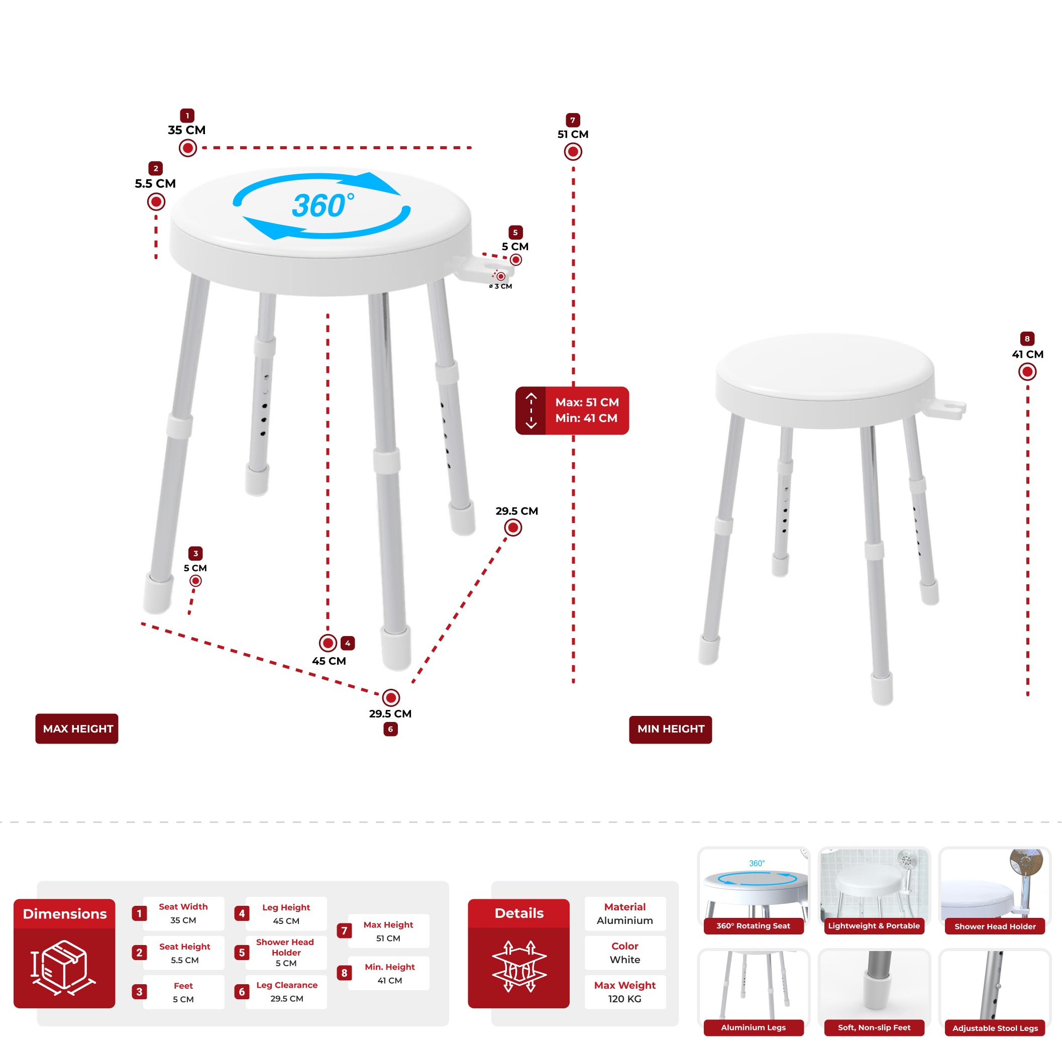 Bischof Dusch- und Badhocker »Rotate 1.0« belastbar bis 150 kg TÜV/GS geprüft, drehbare Sitzfläche und Ablage, höhenverstellbar