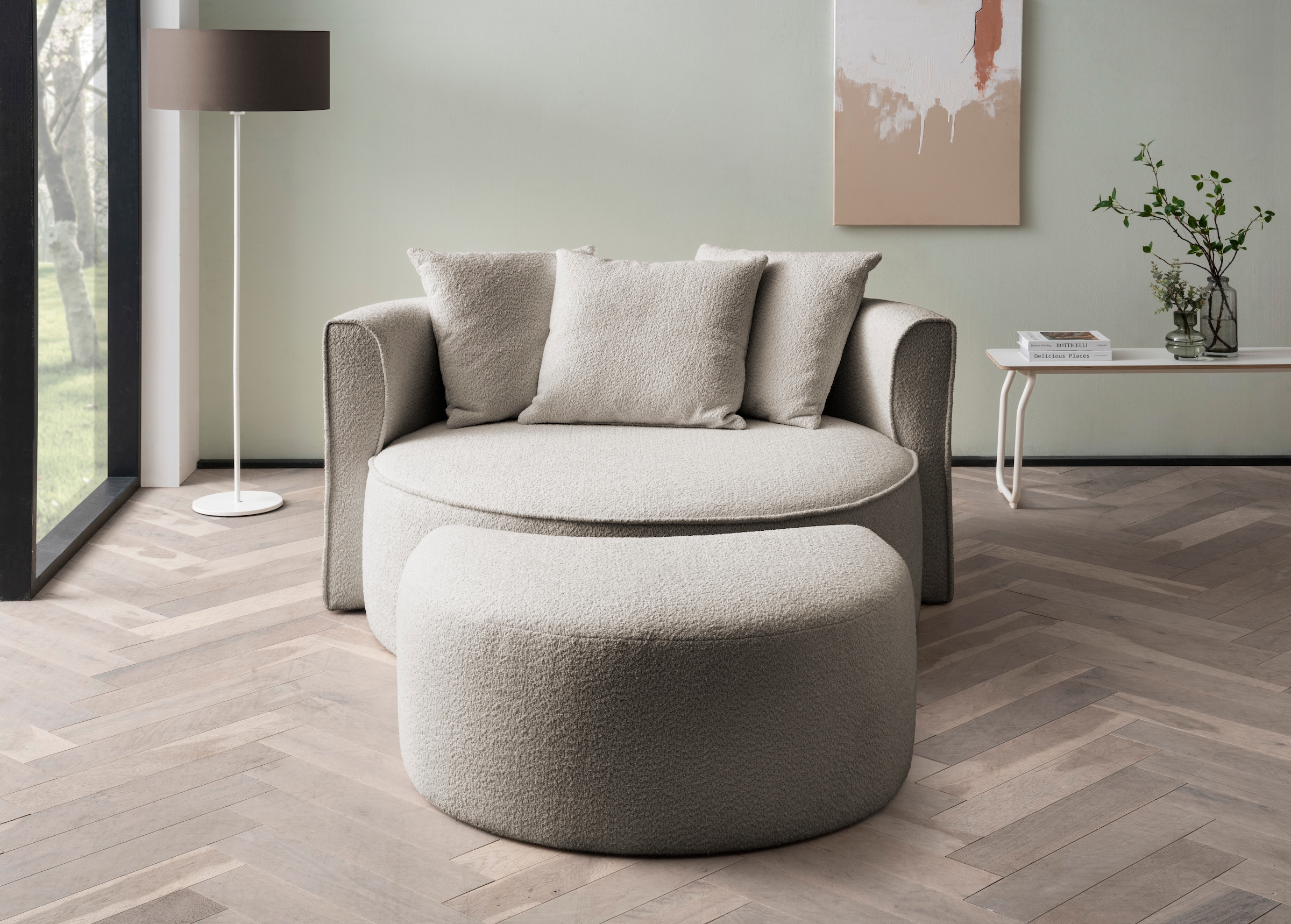 LeGer Home by Lena Gercke XXL-Sessel »ISALIE, Rundsessel mit Hocker, Lesesessel, Loveseat, Big-Sessel«, (Set), trendige Stoffe, mit 3 Zierkissen, große Sitzfläche