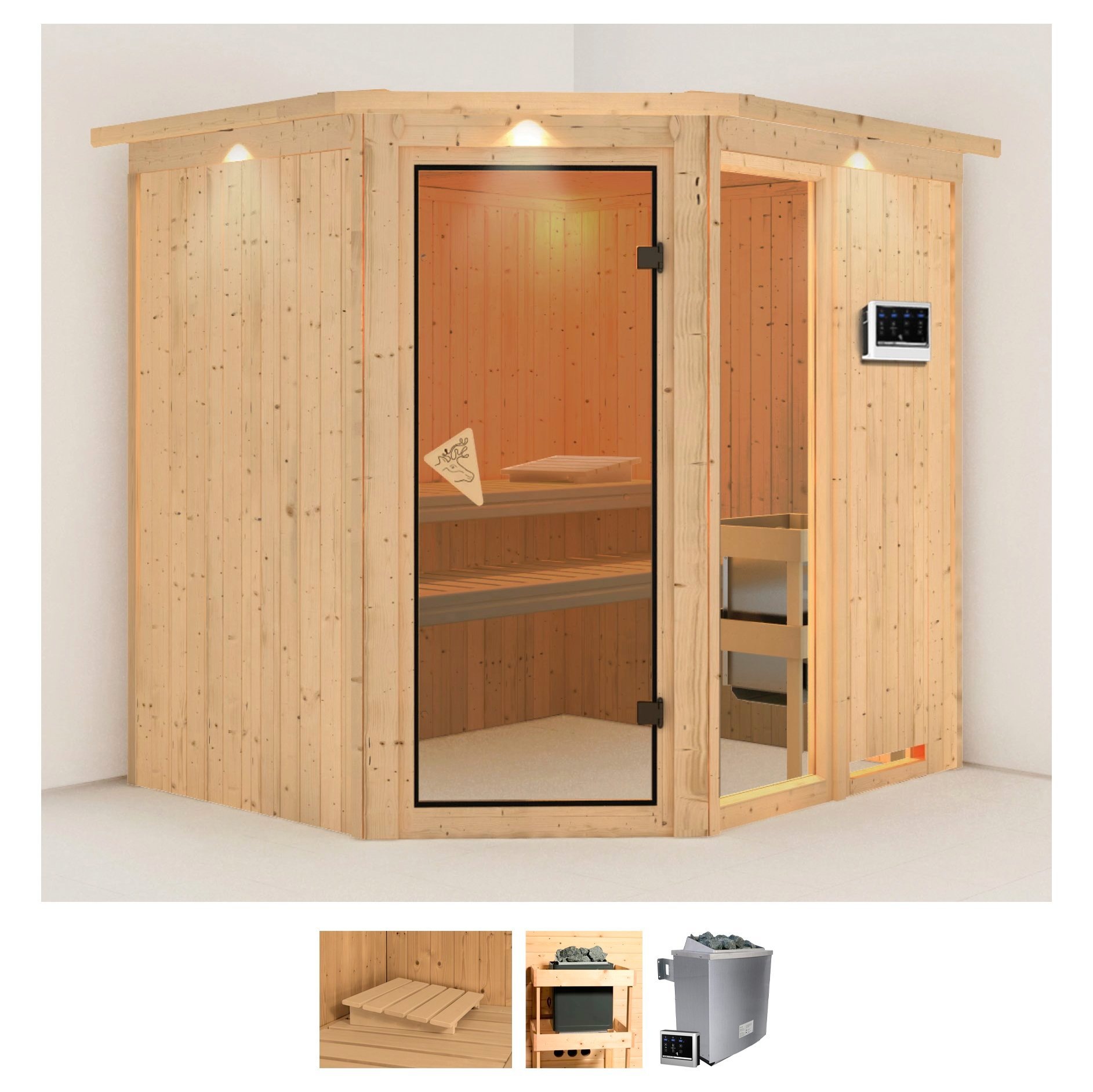 Karibu Sauna »Frigga 2«, (Set), 9-kW-Bio-Ofen mit externer Steuerung