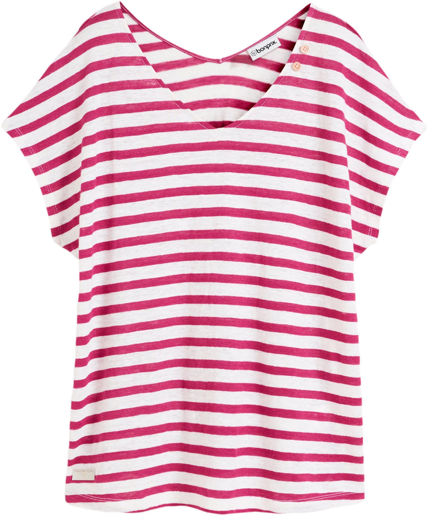 bonprix T-Shirt Oversize Passform, Kurzarm, V-Ausschnitt, aus Leinen, pflegeleicht