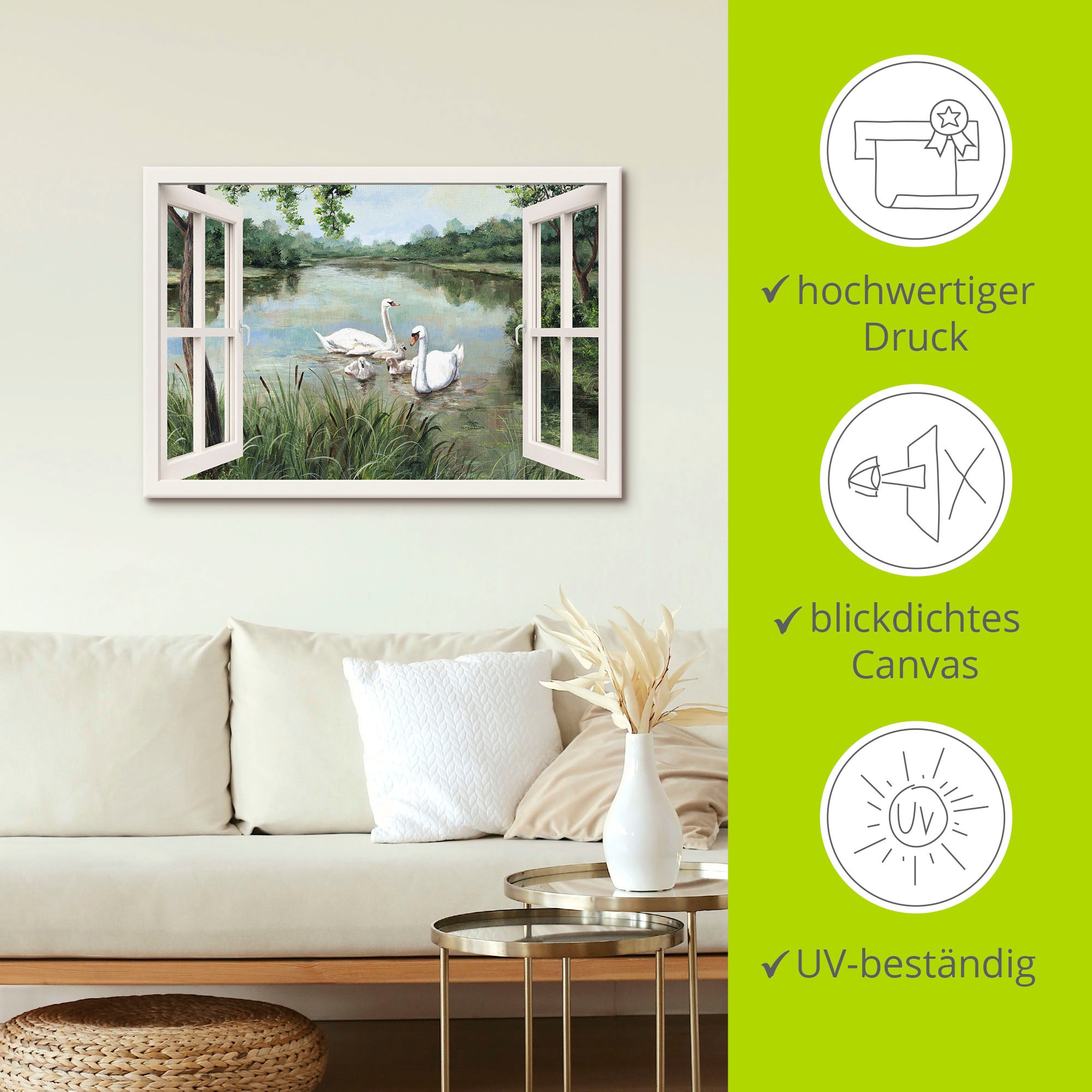 Artland Wandbild »Fensterblick - Schwäne«, Vögel, (1 St.), als Alubild, Outdoorbild, Leinwandbild, Wandaufkleber, versch. Größen
