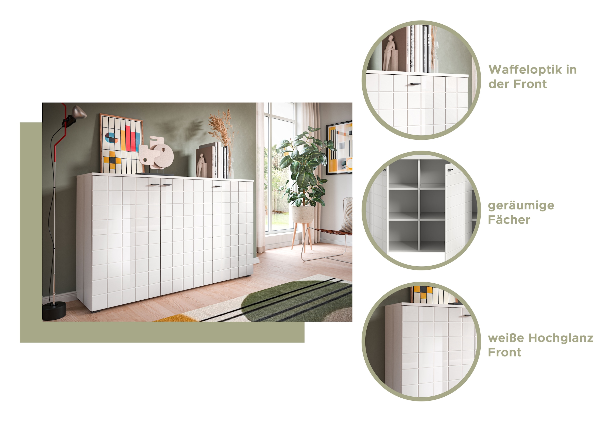 Home affaire Sideboard »Gora, Breite 138 cm, gefräste Front in Waffeloptik hochglanz« Kommode, Schrank, Anrichte