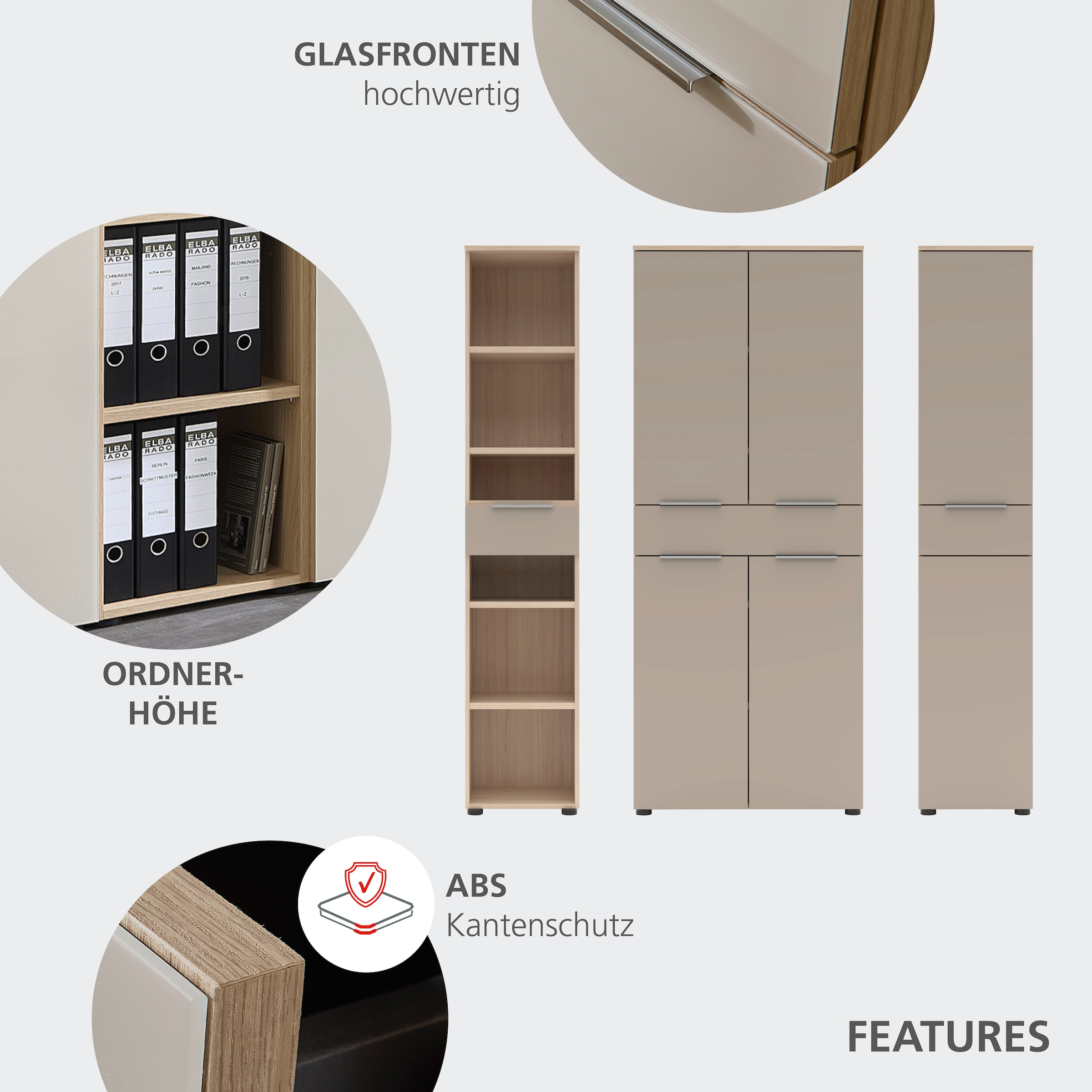 Innostyle Aktenschrank »Büroschrank Santorin, 80/198/38 cm ( B/H/T)« 1 Stk. tlg. 4 türig, 1 Schubkasten, Softclose, Klarglas, ABS Schutzkante