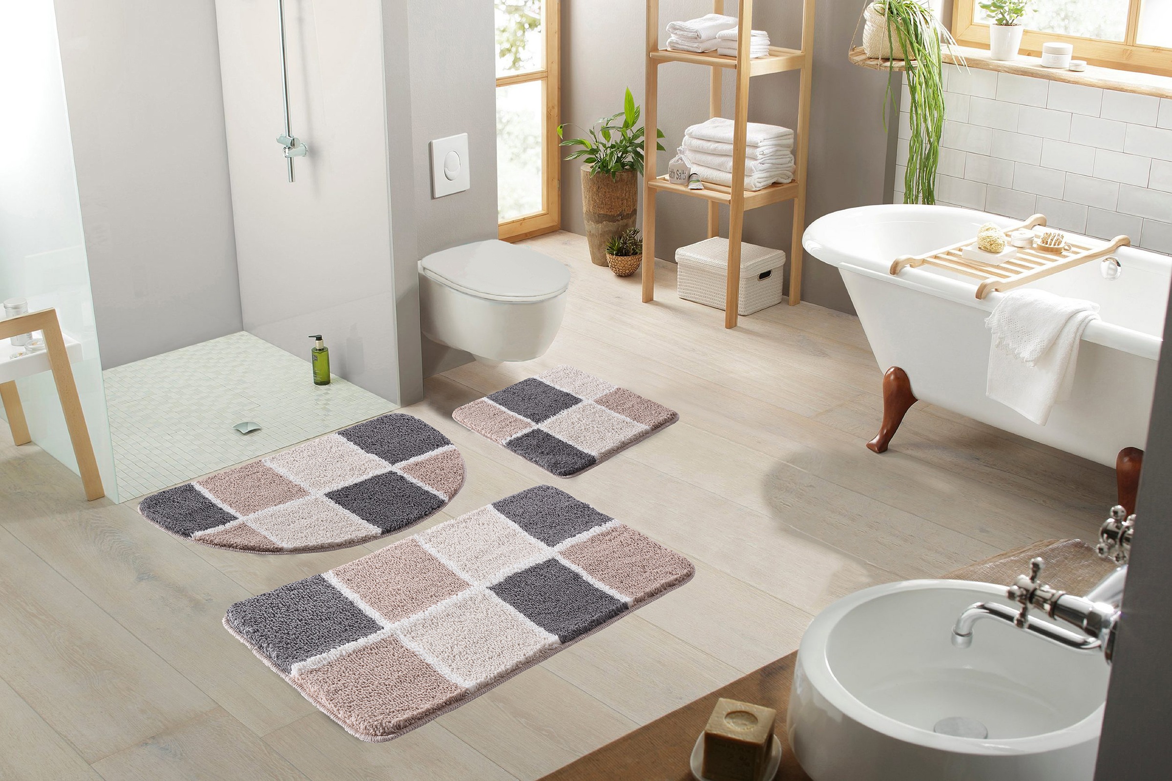 my home Badematte »Anna mit Kachelmuster, Badvorleger, Badezimmer Teppich, Duschvorleger«, rutschhemmend beschichtet, strapazierfähig, Badteppich, Hoch-Tief Effekt, Modern, Weich
