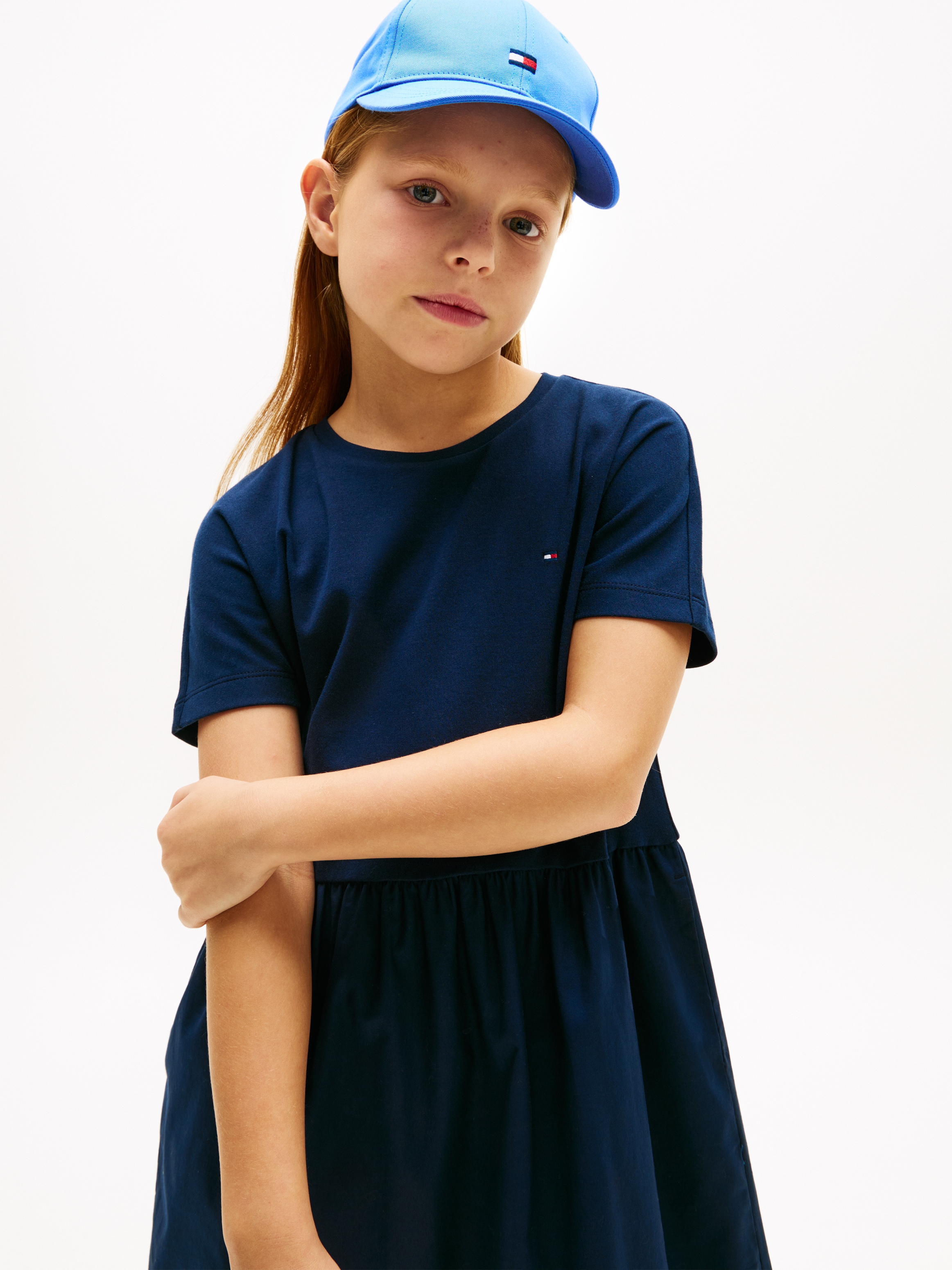Tommy Hilfiger Jerseykleid »MIX MEDIA DRESS SHORT SLEEVE« Eingrifftaschen Kinder bis 16 Jahre, geraffte Taille, Relaxed Fit