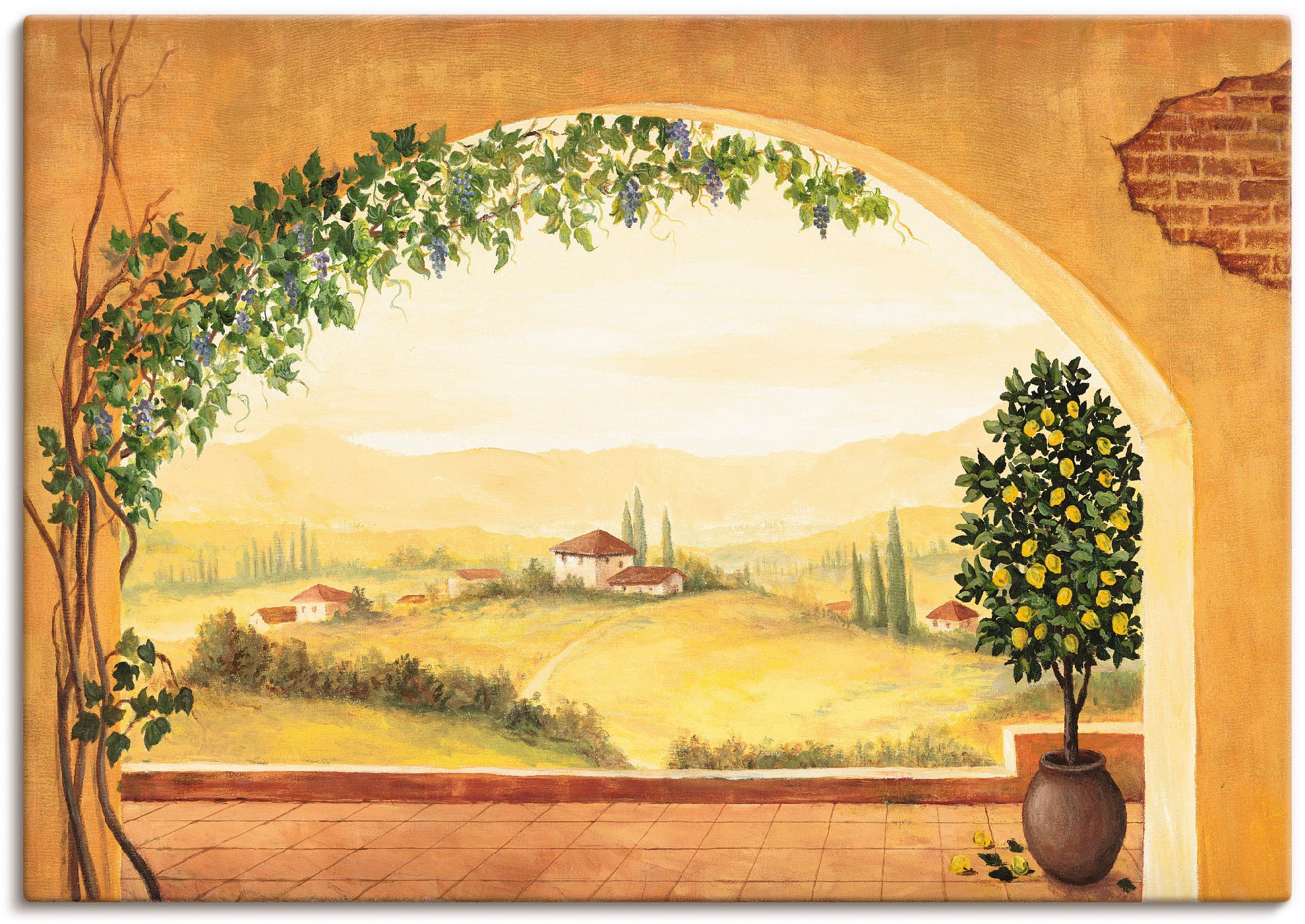 Artland Wandbild »Weinranken vor der Toskanalandschaft«, Fensterblick, (1 St.), in vielen Größen & Produktarten - Alubild / Outdoorbild für den Außenbereich, Leinwandbild, Poster, Wandaufkleber / Wandtattoo auch für Badezimmer geeignet