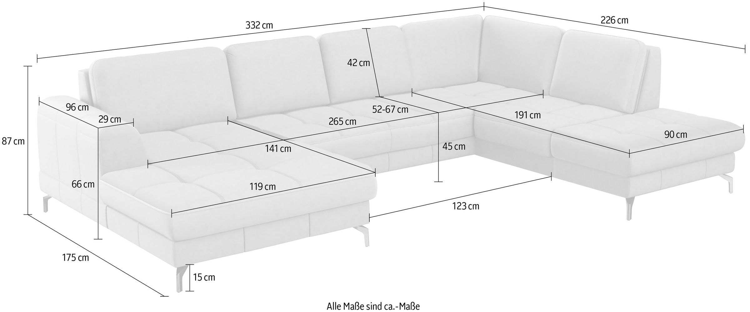 sit&more Wohnlandschaft »Bendigo U-Form«, inklusive Sitztiefenverstellung, Bodenfreiheit 15 cm, in 2 Fußfarben