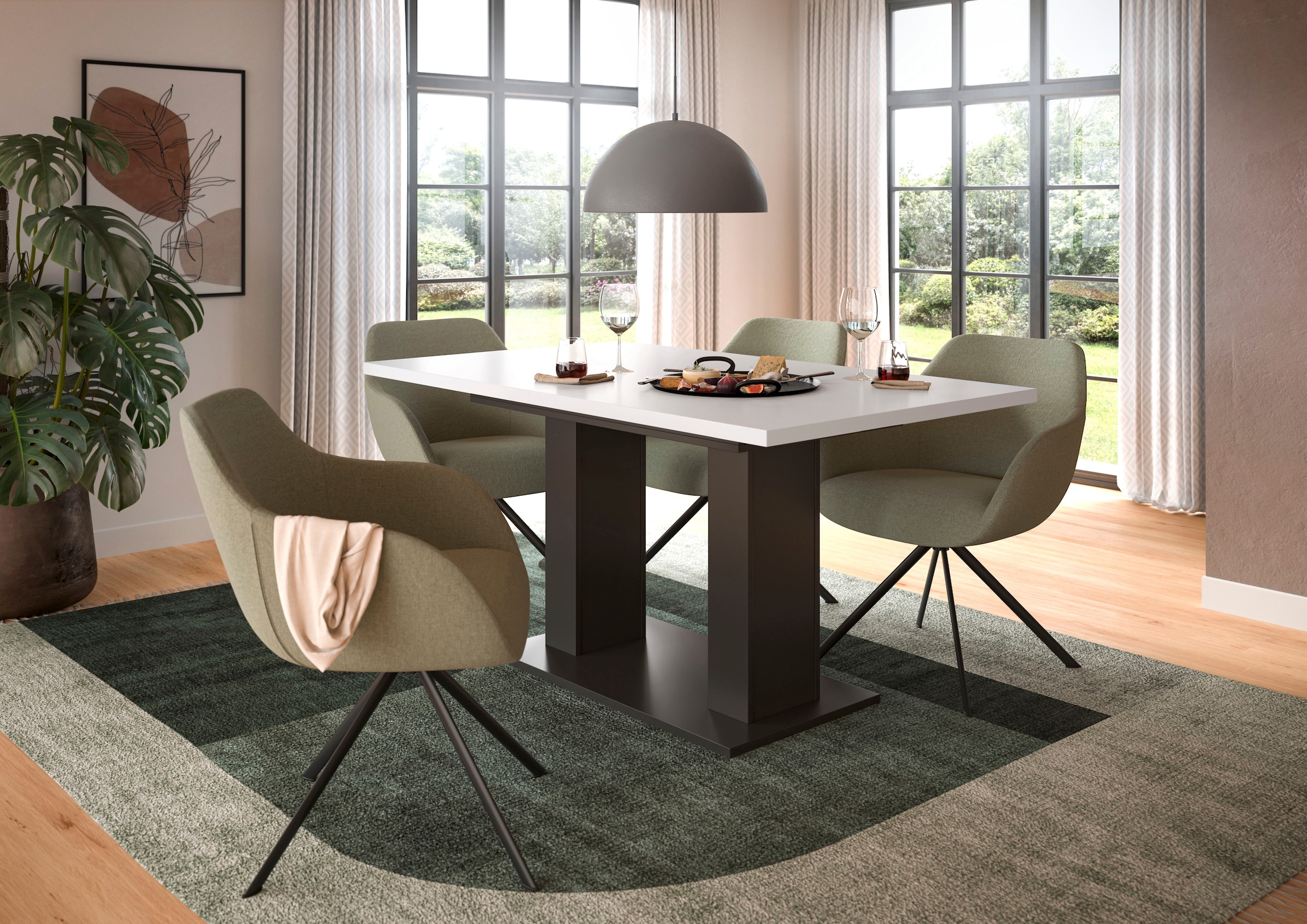 INOSIGN Esstisch »Motus, ausziehbar 150 -190 cm, inklusive 40 cm Einlegeplatte«, (Set, 1 St.), Doppelsäulengestell mit Bodenplatte, Tisch, Esstisch, Küche