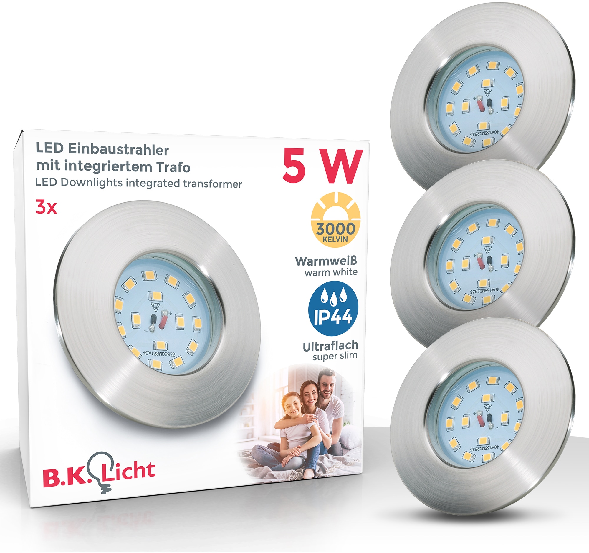 B.K.Licht LED Bad-Einbauleuchte »Elias«, 3er Set, Schutzart IP44, spritzwassergeschützt, Ø 7,5 cm