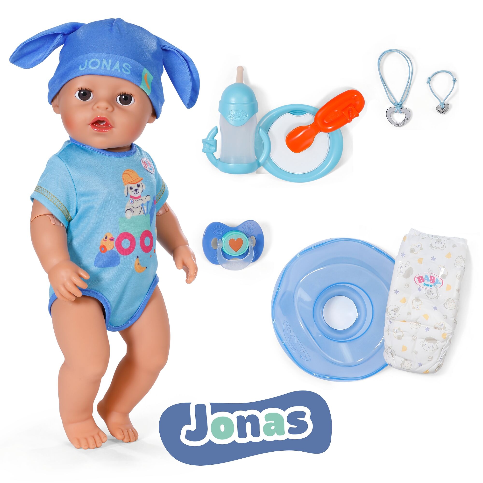 Baby Born Babypuppe »Jonas Click & Play 43cm« mit Click-&-Play: Hält Fläschchen und Löffel selbst - ohne Batterien