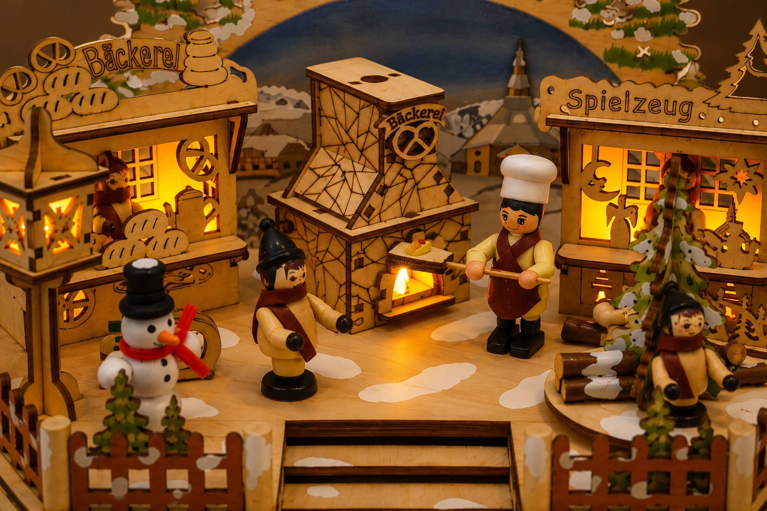 OTTO home Spieluhr »LED Weihnachtsdorf« Weihnachtsdorf aus Holz mit LED, Gratis-Hänger, 6h-Lichttimer