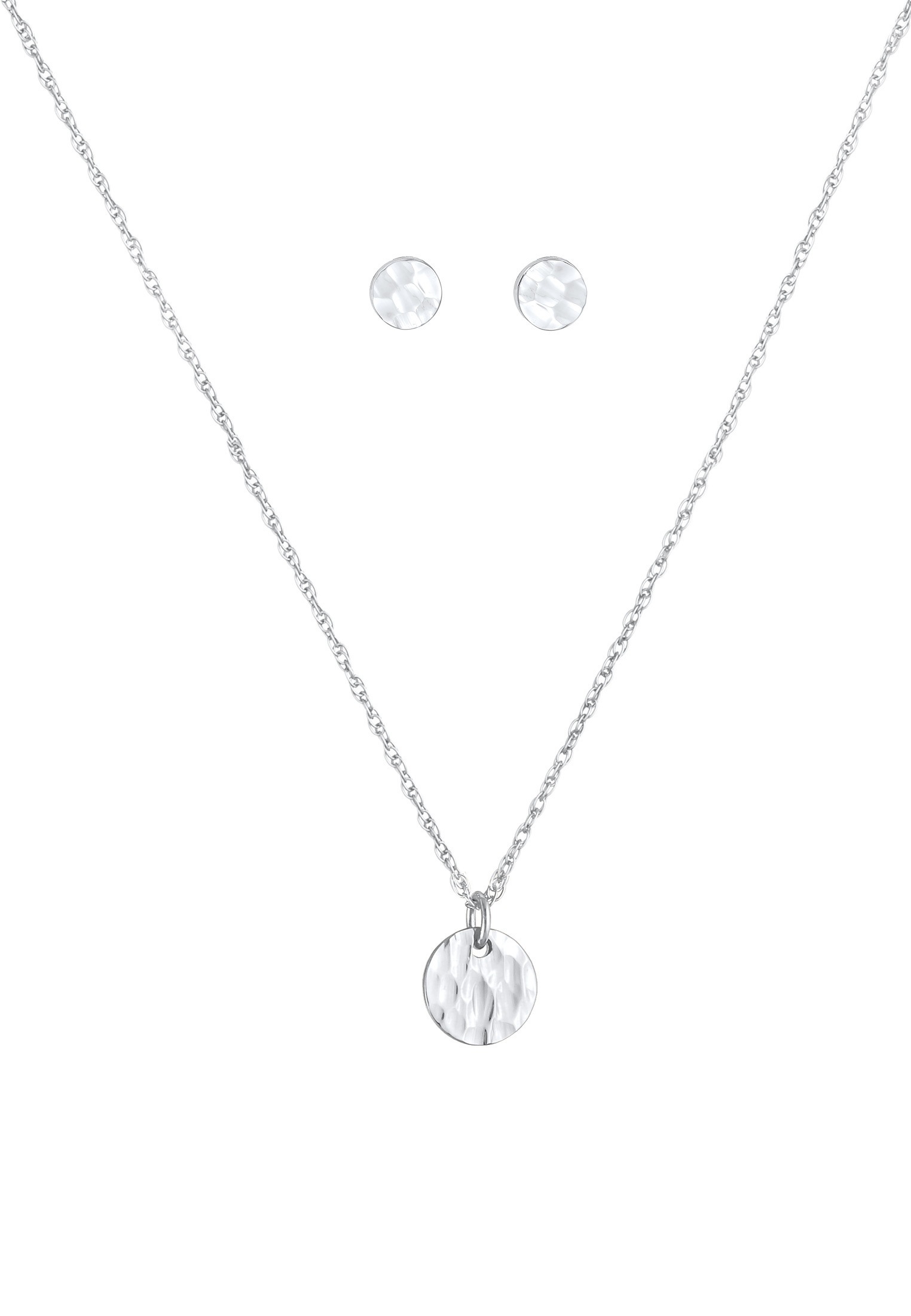 Elli Ohrring und Ketten Set »Schmuckset Rund Gehämmert Halskette Stecker Kreis 925 Silber«